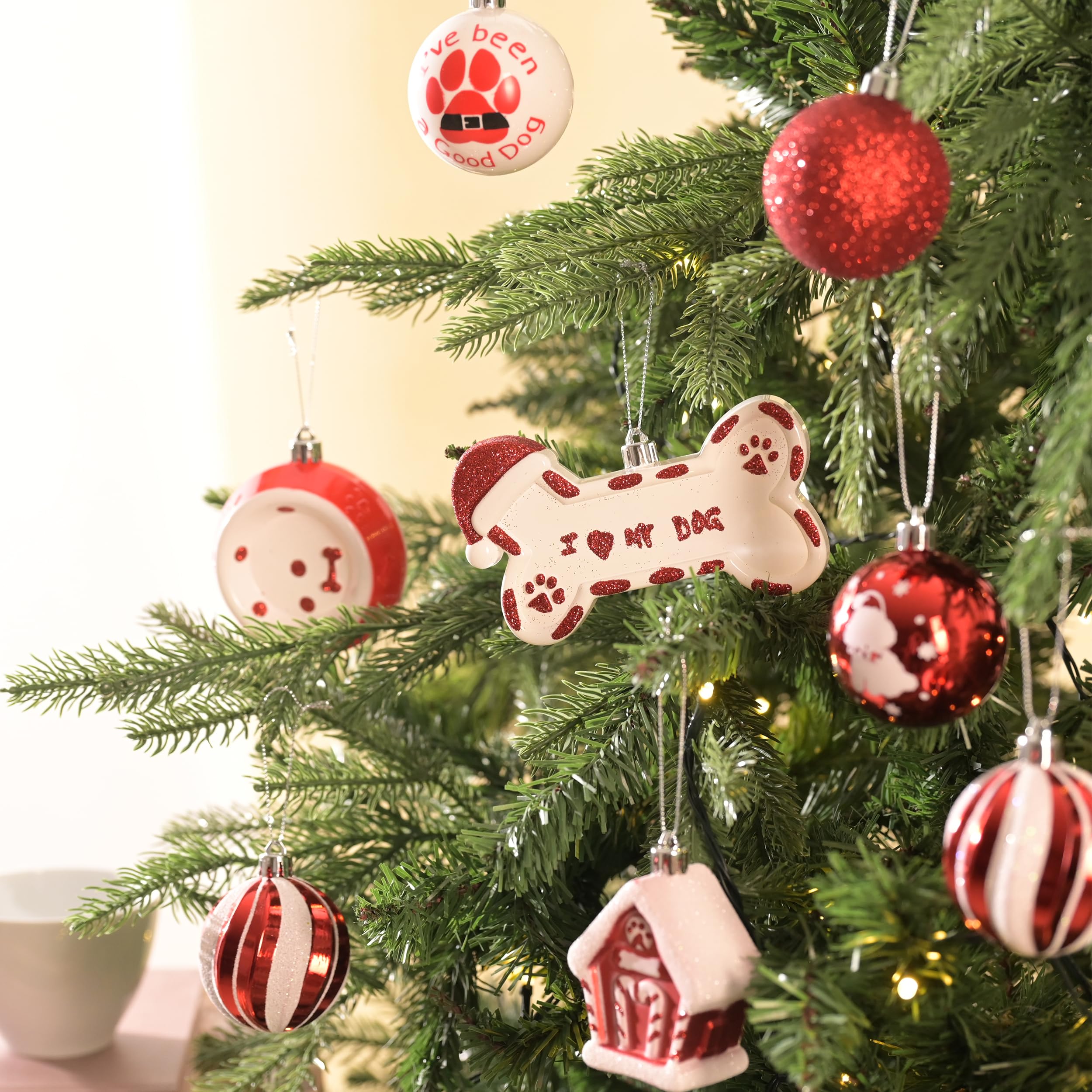 DecorbyHannah Adornos de Navidad, 40 unidades, decoraciones de árbol rojo y blanco, juego de bolas de Navidad inastillables con temática de cachorros, bolas decorativas colgantes a granel para