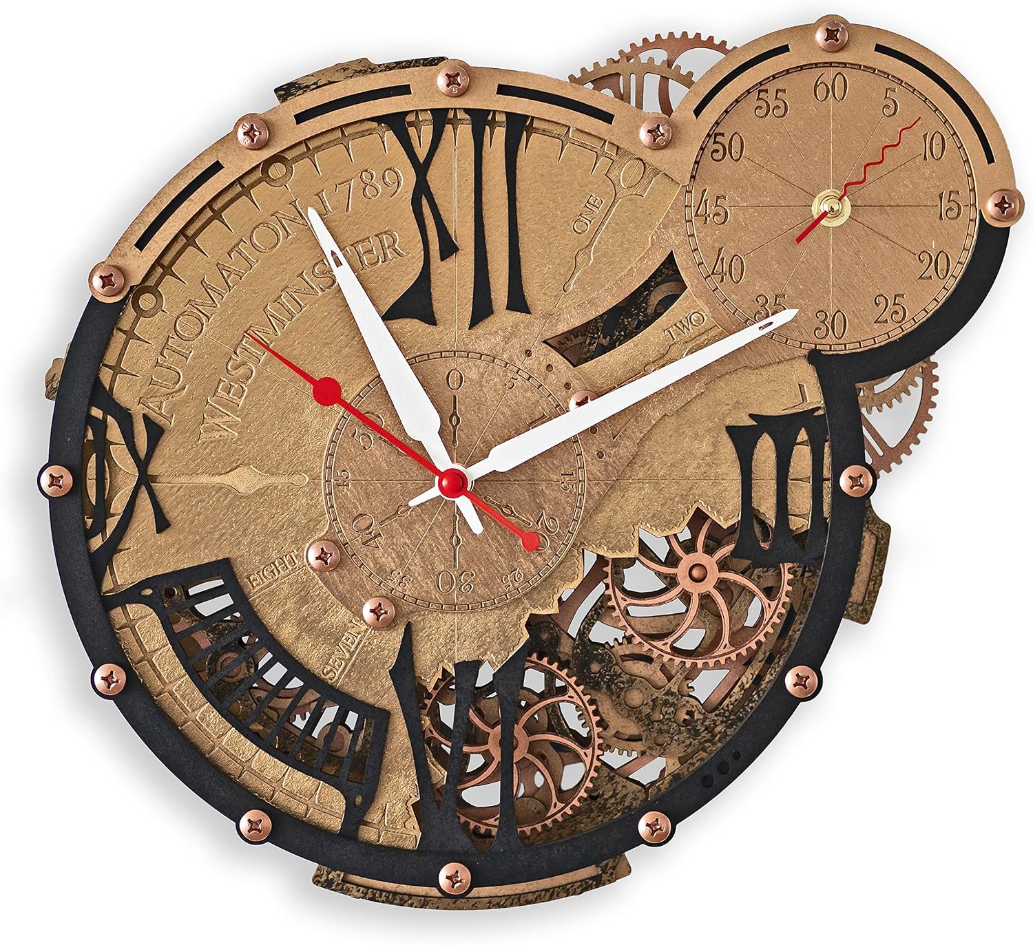 Automaton 1789 Westminster Large Wall Clock Moving Gears, Mechanical Silent Rotating Wall Art, Home Living Room and Office design, Personalized Engraving Art Gift, Steampunk Loft Antique Decor