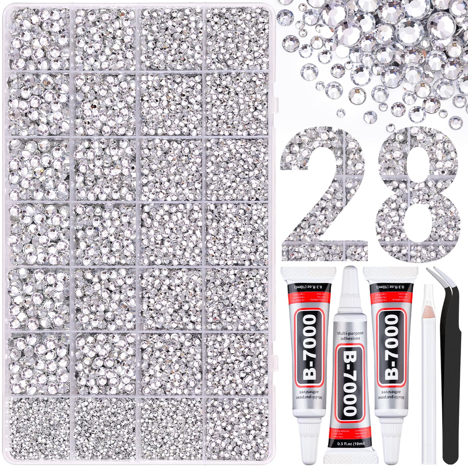 30000Pcs Resin Rhinestones for Bedazzling with Tweezers, Clear Rhinestones for Crafting with 3Pcs 10ml B7000 Jewelry Glue for DIY Crafts Clothing