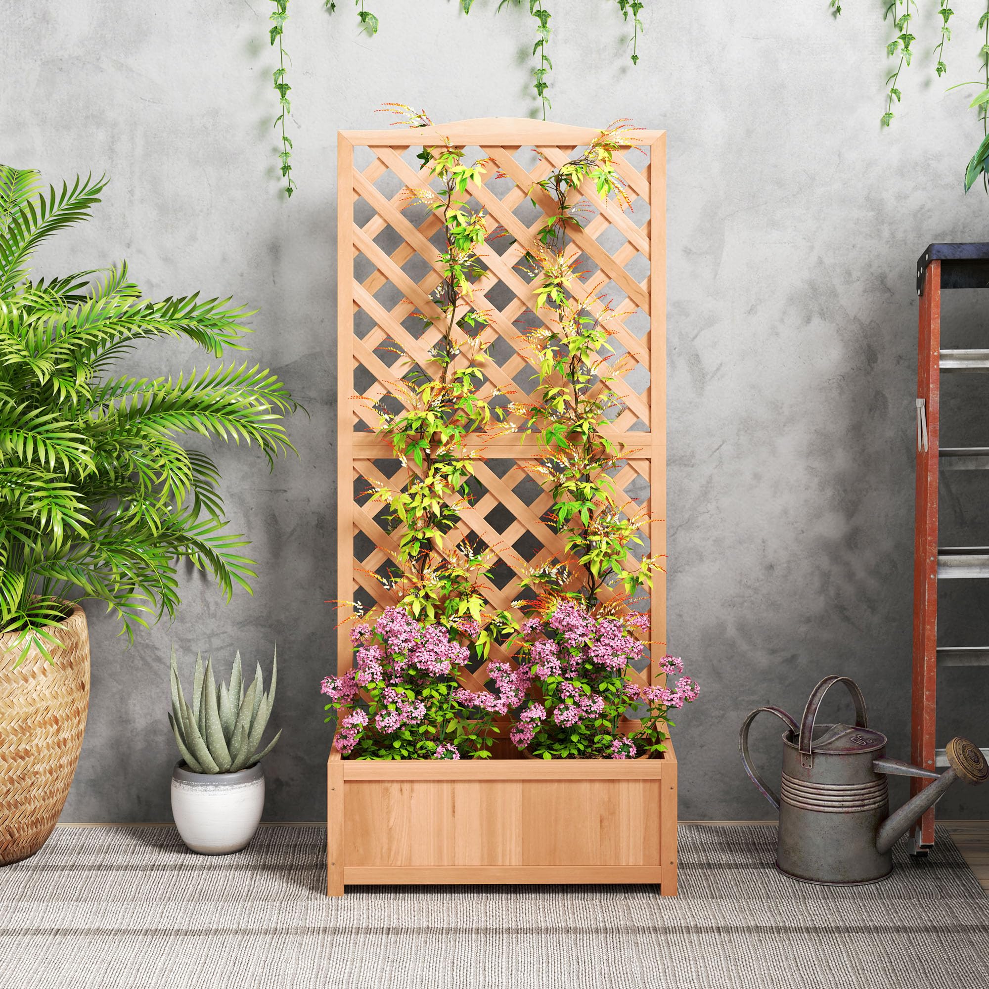 Outsunny Letto per Orto Rialzato da Esterno con Grigliato, Fioriera da Esterno con Traliccio per Piante Rampicanti in Legno di Abete, per Fiori e Verdure, per Giardino e Balcone, 76x36x170 cm, Marrone