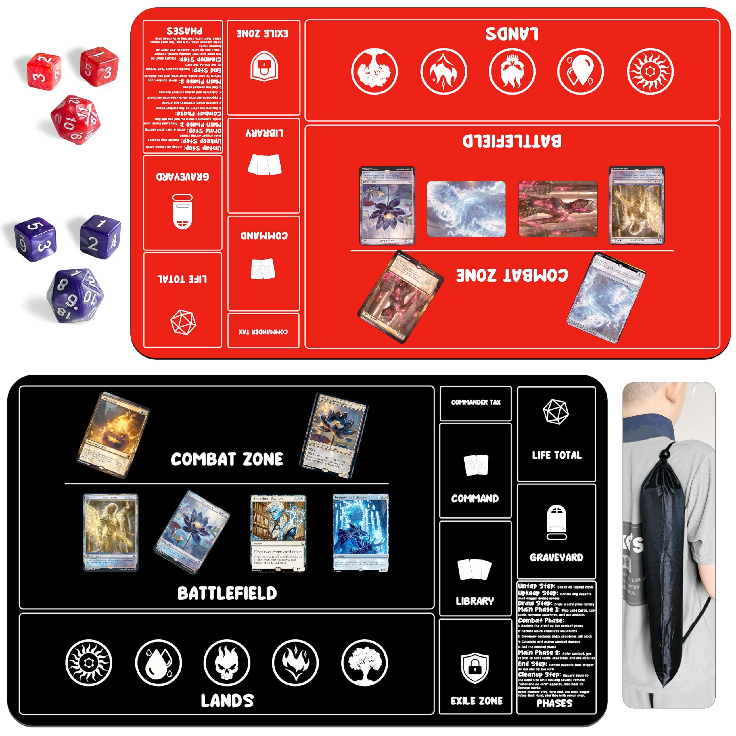 Card Game Playmats MTG Playmat for Beginner 2 Pack with Dices, Magic Mat Commander Deck Card Playmat for TCG MTG Accessories Play Mat 24x14 Inches Duel Card Battles, Black/Red