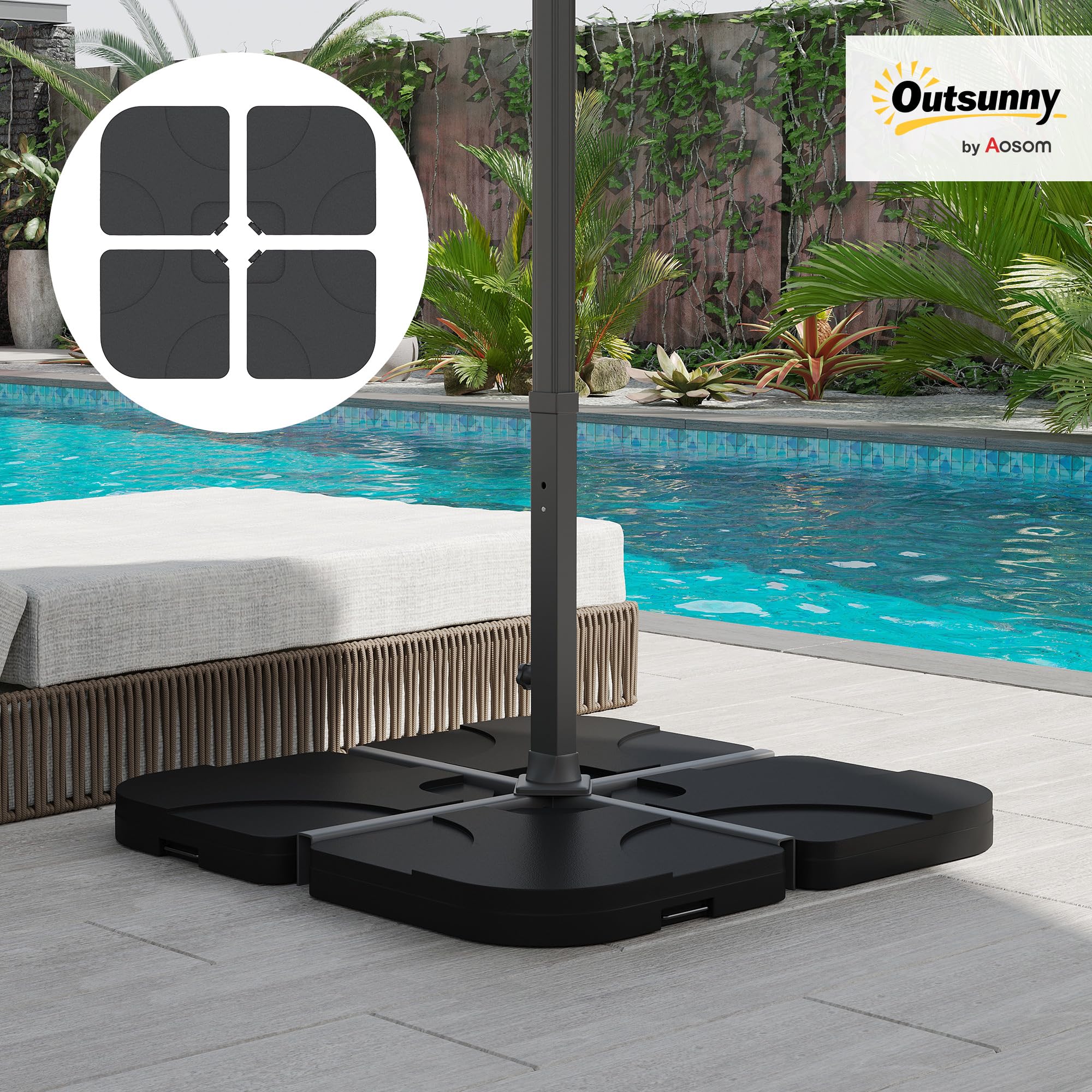 Outsunny Base para Sombrilla de 4 Piezas, Soporte para Parasol de HDPE Rellenable con Agua 15 kg o Arena 18 kg, para Jardín, Patio, Terraza, 100x100x7,5 cm, Negro