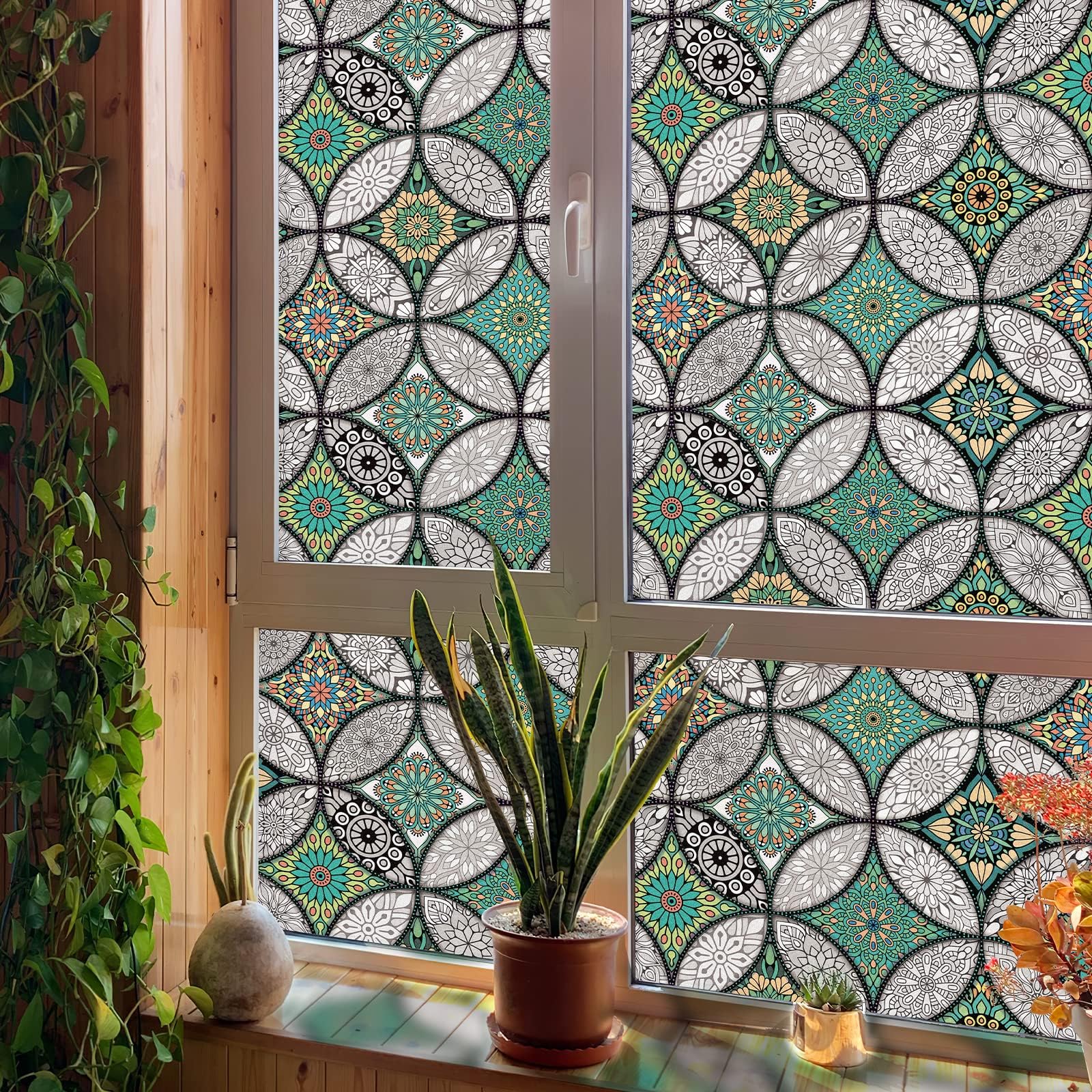 Green Window Privacy Film Frosted Glass Windows Cling Non-Adhesive Removable Window Decor Static Cling Glass Covering Sticker Heat Control Stickers for Home Church Decoration