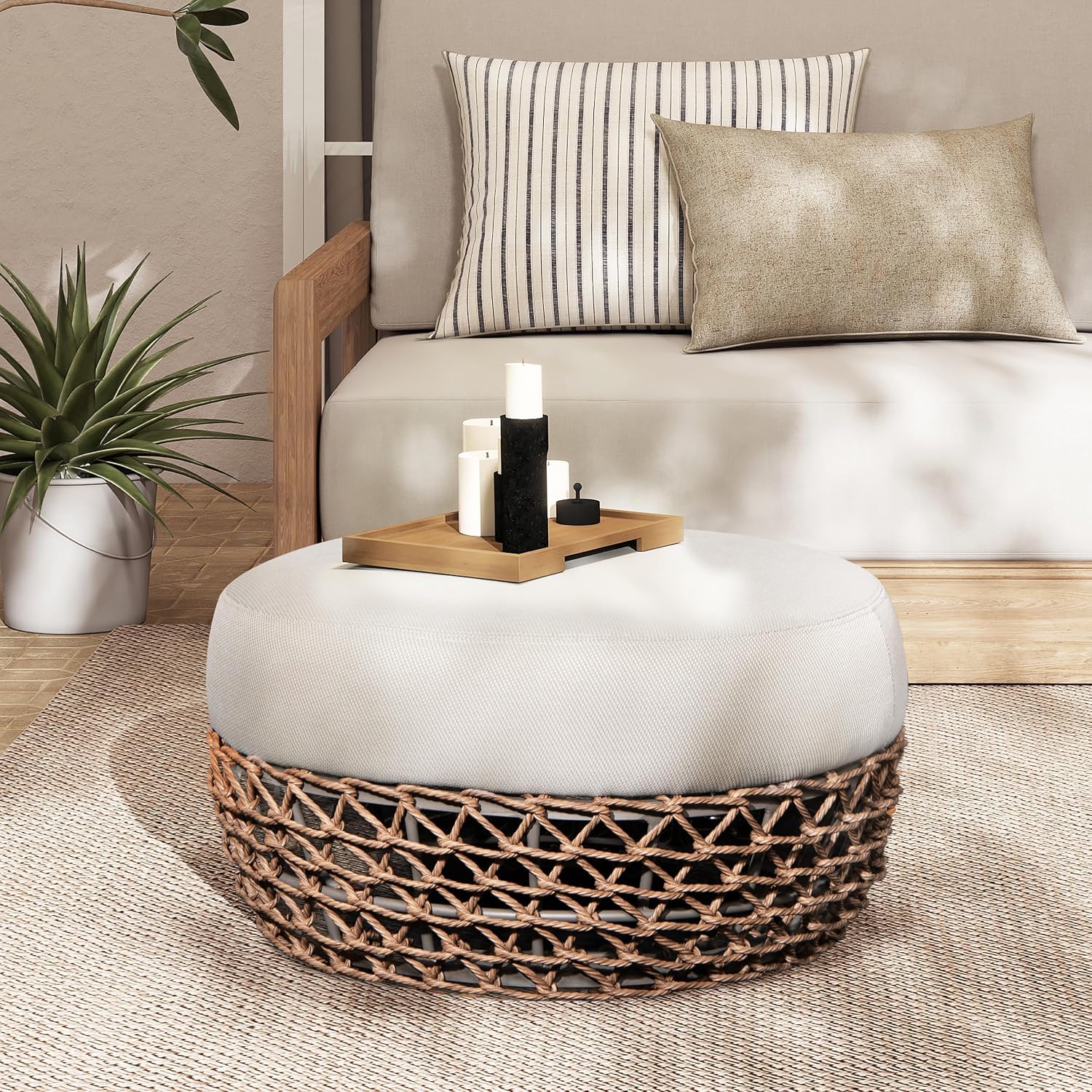 LIFE SKY 25 Inch Round Ottoman Footrest: Bohemian Woven Patio Seating with Metal Frame & Upholstered Surface - Multi-Functional Accent Piece for Balcony Garden Enthusiasts & Outdoor Leisure Spaces
