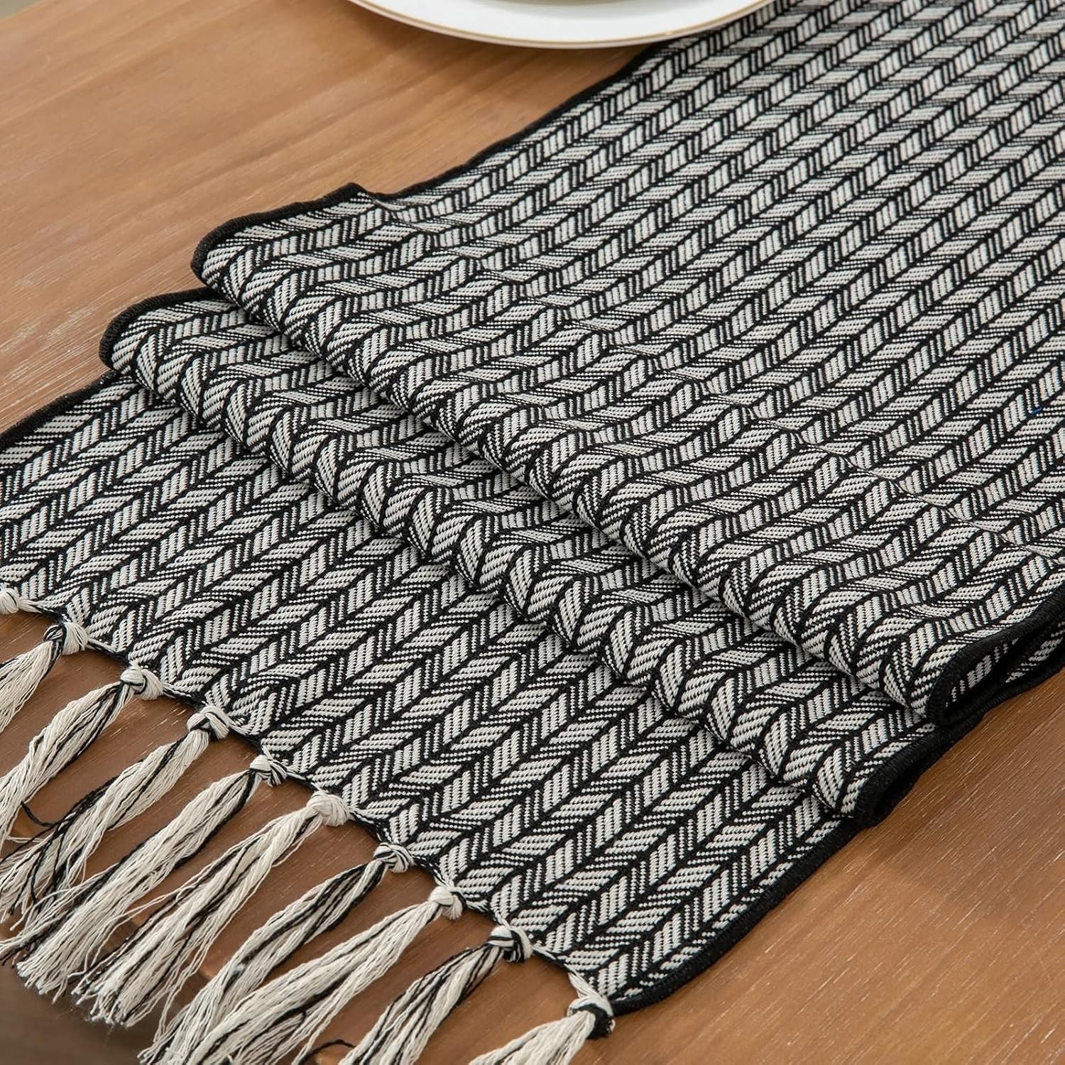 Modern Coffee Table Runner,14" x 87",Stripes with Tassels Linen Dining Table Runner Table Runner Table Black