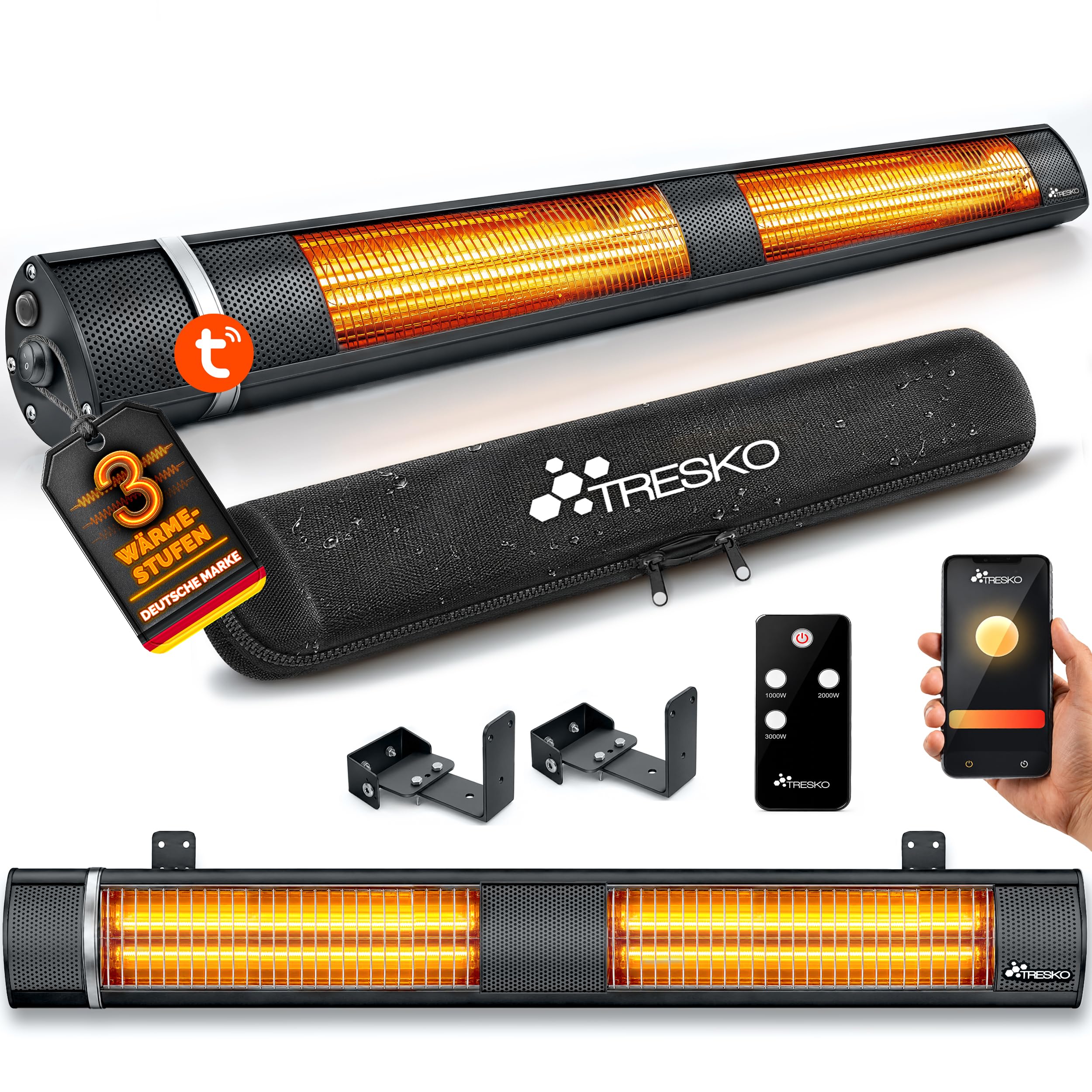 TRESKO® Infrarot Heizstrahler 3000W mit WiFi & Fernbedienung Innen & Außen | Wärmestrahler Terrasse elektrisch mit 3 Heizstufen | Wand-Infrarotstrahler Terrassenstrahler Wickeltischstrahler Outdoor