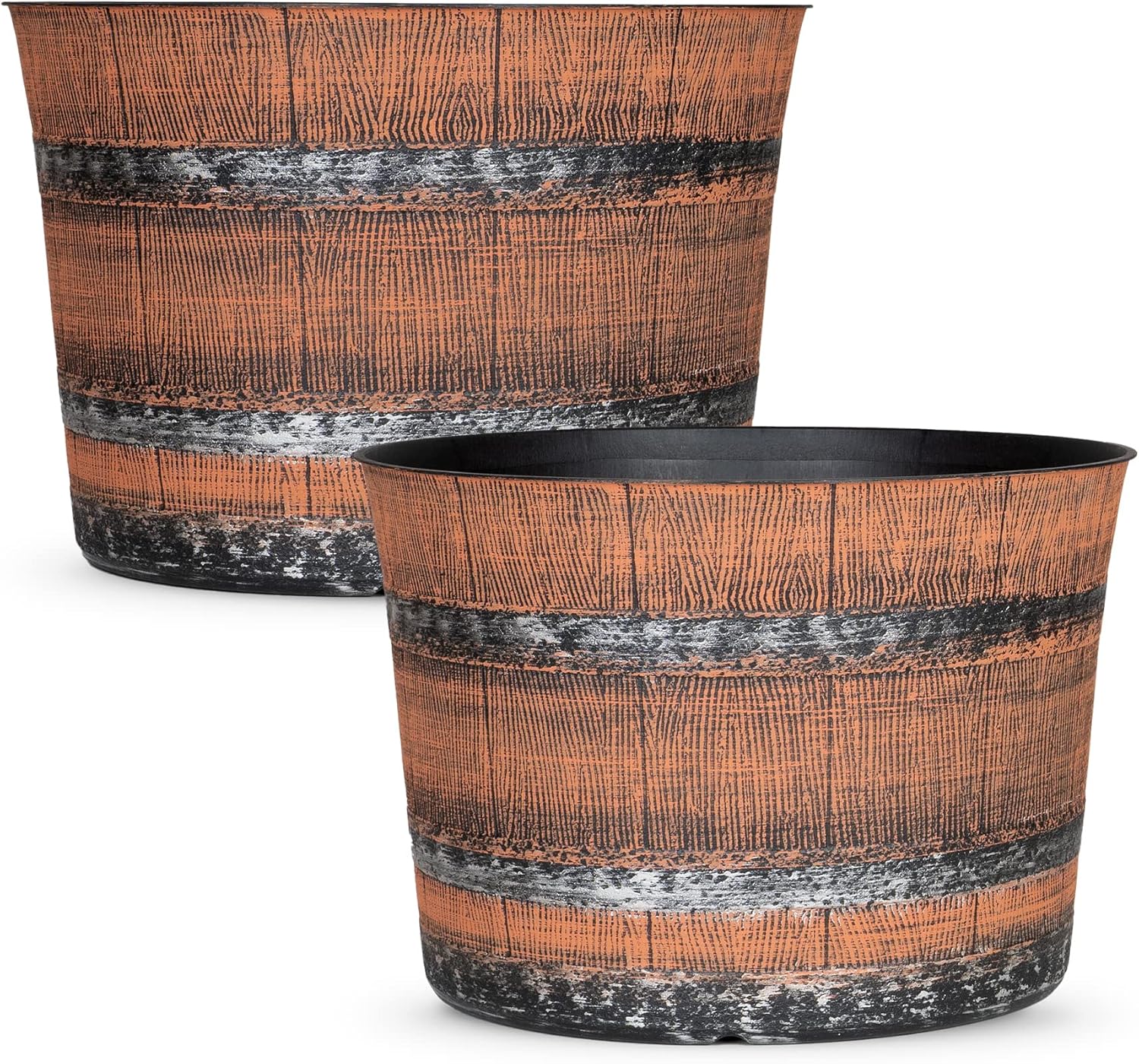 SG Traders 2 x Round Plastic Whisky Barrel Garden Pot Flower Pots