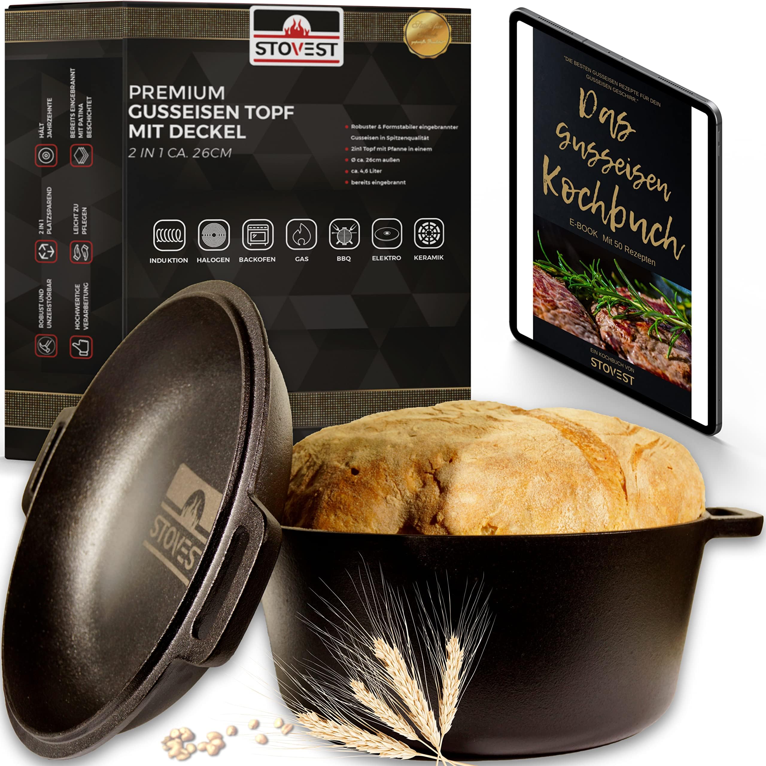 TECOR® Gusseisen Topf Brot backen & Gärkorb geschliffene Oberflächen 26cm Brotbackform mit