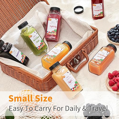 Miniatura 6 de Paquete de 8 botellas de vidrio de 8 onzas con tapas negras y 32 etiquetas, recipientes reutilizables de almacenamiento de jugo de viaje, tarros de