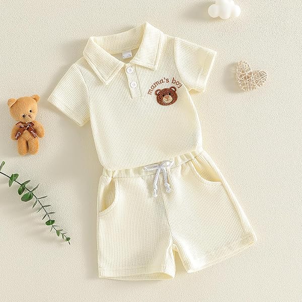 Vêtement Naissance Bébé Garçon Eté Body Ours à Manches Courtes + Short Ensemble 2 Pièces - 3