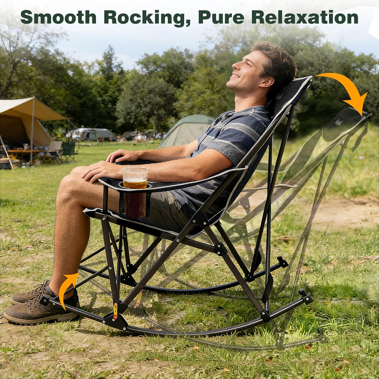 SUNNYFEEL Oversized Folding Rocking Camping Chair with Buckle Design Outdoor Rocker High Back Lawn Camp Rocker Chair with Cup Holder Heavy Duty 500 LBS for Outdoor/Camping/Lounge/Patio with Carry Bag