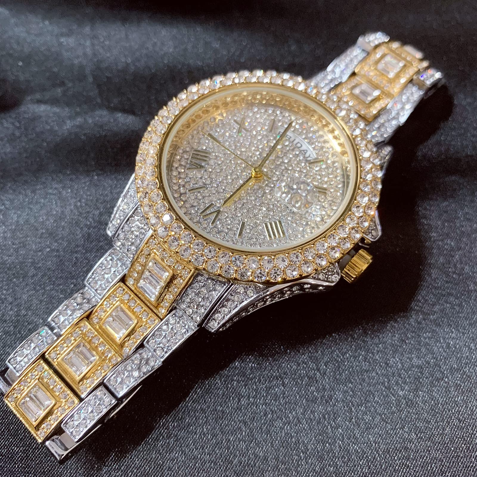 ICEDIAMOND Reloj de cuarzo con doble calendario de 43 mm, esfera redonda chapada en oro con fecha y visualización semanal, reloj de pulsera de diamantes de imitación para hombre, Mezclado, Moda