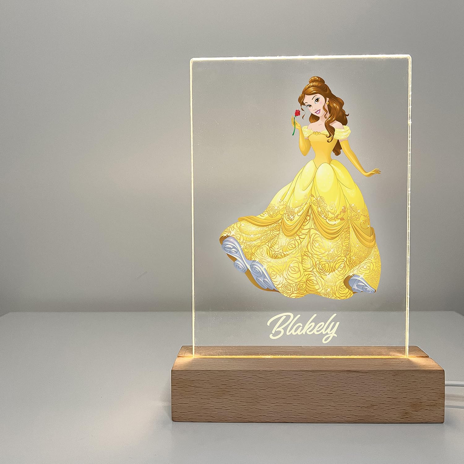 Belle Premium Wood Base Stand Soft Night Light Up Table Desk Lamp LED Princess Sign Personalized Free Engraved With Your Name On It, Made to Order Home Girls Room Decor, A Must Have!