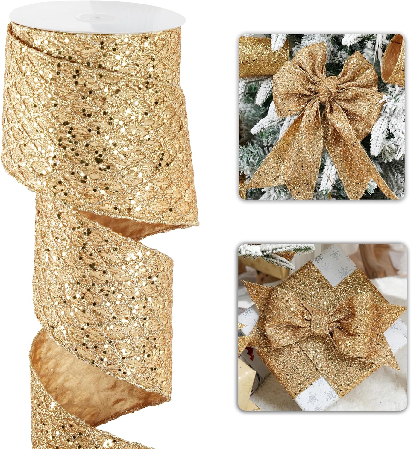 Gold Christmas Ribbon 4" Glitter Mesh Wired Ribbon for Christmas Tree Gold Diamond Honeycomb Ribbon for Gift Wrapping, Crafts, Wreath Supplies, Garland, Tree Topper Bows - 10 Yards