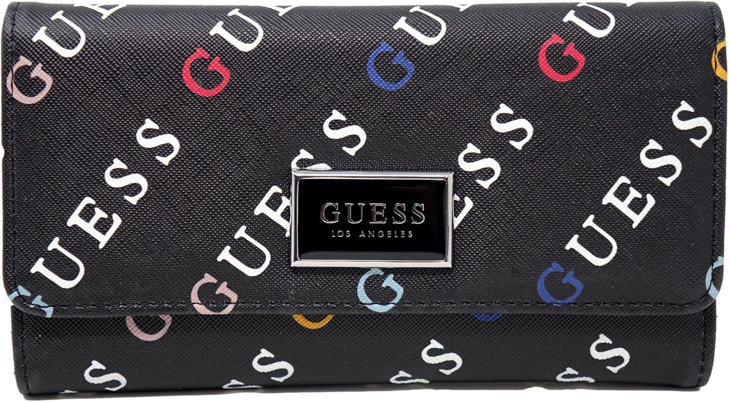 GUESS Women's Rainbow Logo Evenlope Slim Wallet Clutch Bag - Black Multi