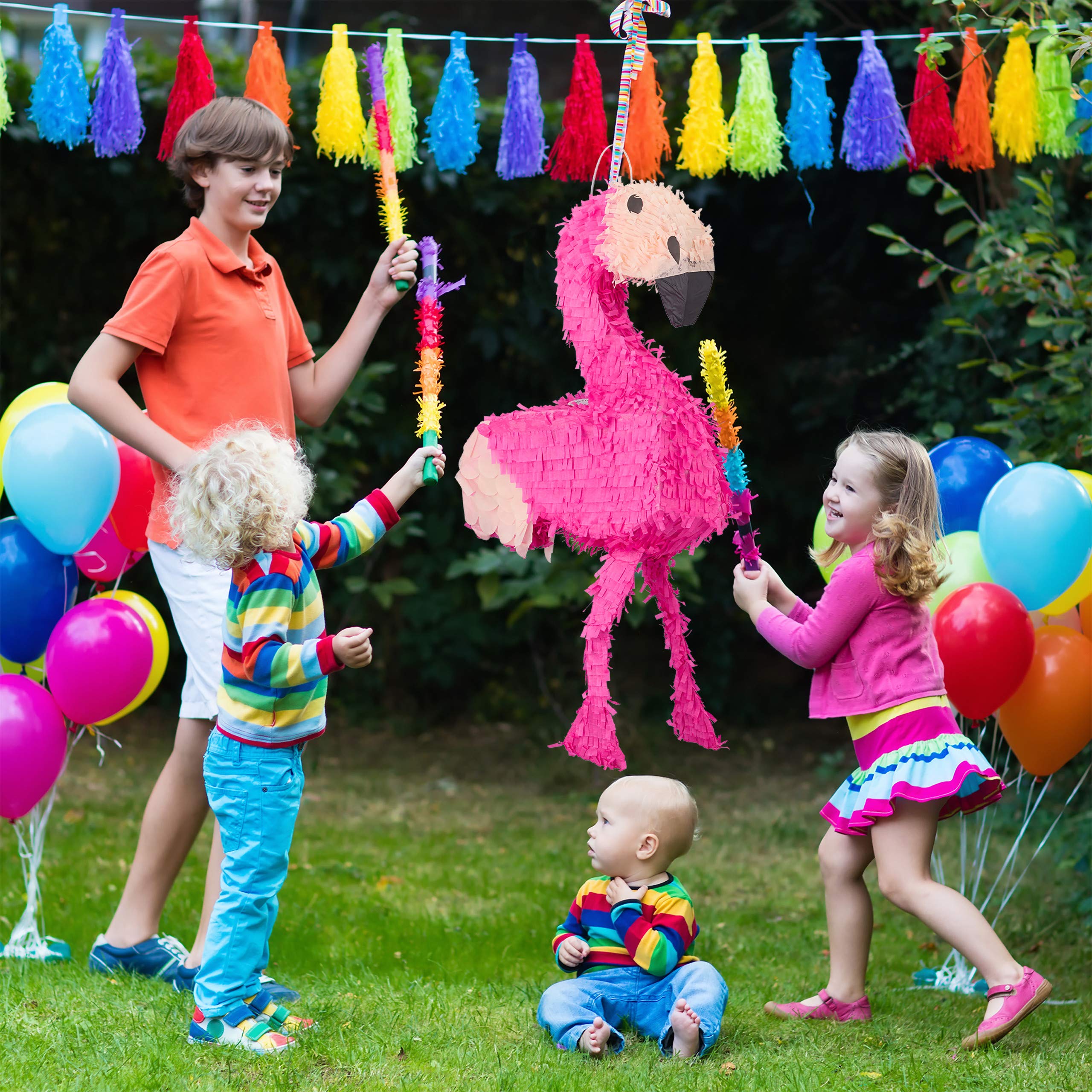 4-częściowy zestaw pinata flamingo, XXL worek metaliczne konfetti do napełniania, kij do pinata i maska na oczy, pinata dla dzieci, różowy