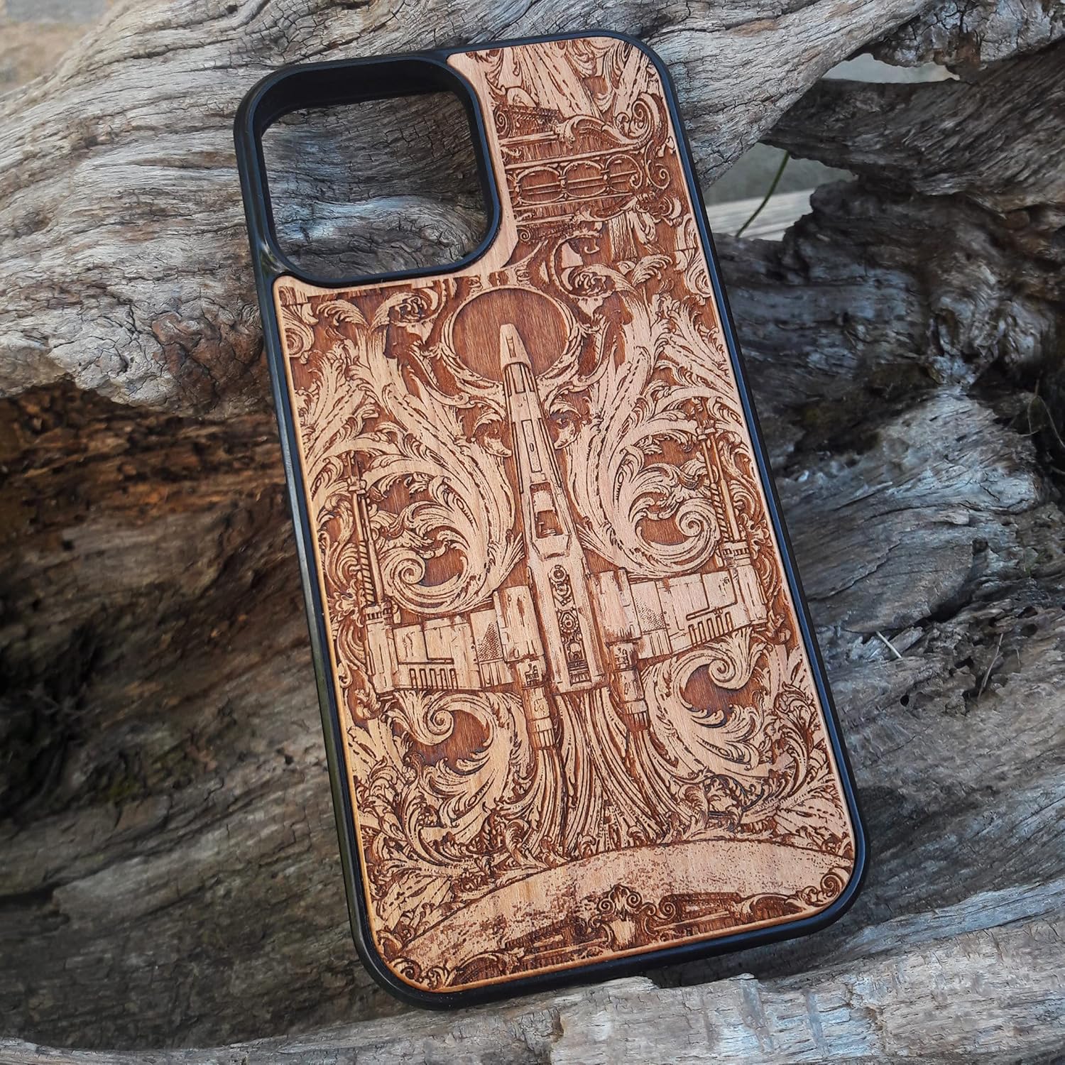 Sci-Fi Spaceship Laser Engraved Wood Case Compatible with iPhone 17, 16, 15 Pro Max Mini & Galaxy S26, S25, S24 Ultra Plus – Eco-Friendly, Slim, Durable Wooden Phone Cover
