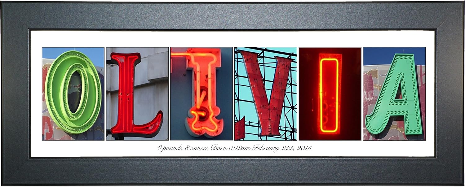 Creative Letter Art - Personalized Framed Name Sign with Neon Alphabet Photographs Including Black Self Standing Frame