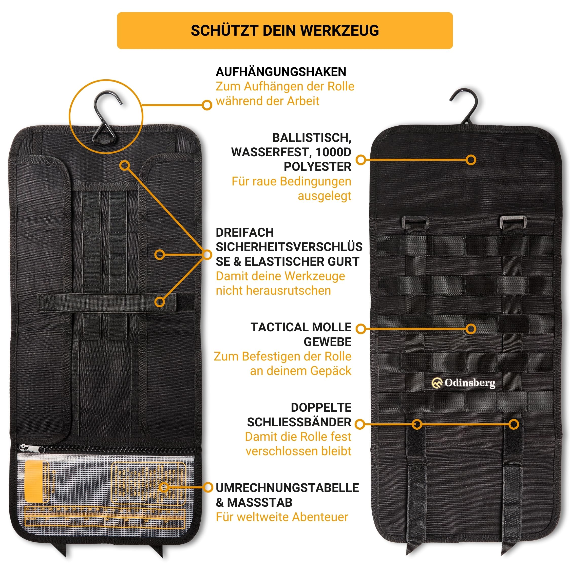Odinsberg Heavy Duty Tool Roll Werkzeugrolle für Motorrad - Werkzeugtasche ohne Inhalt mit Taktischem MOLLE System, 56 elastische Schleifen und Innentasche, um Ihre Werkzeugmappe zu verwalten