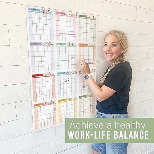 Miniatura 4 de Calendario floral de borrado en seco de 12 meses para pared, calendario grande de pizarra blanca, calendario de pared grande de borrado en seco