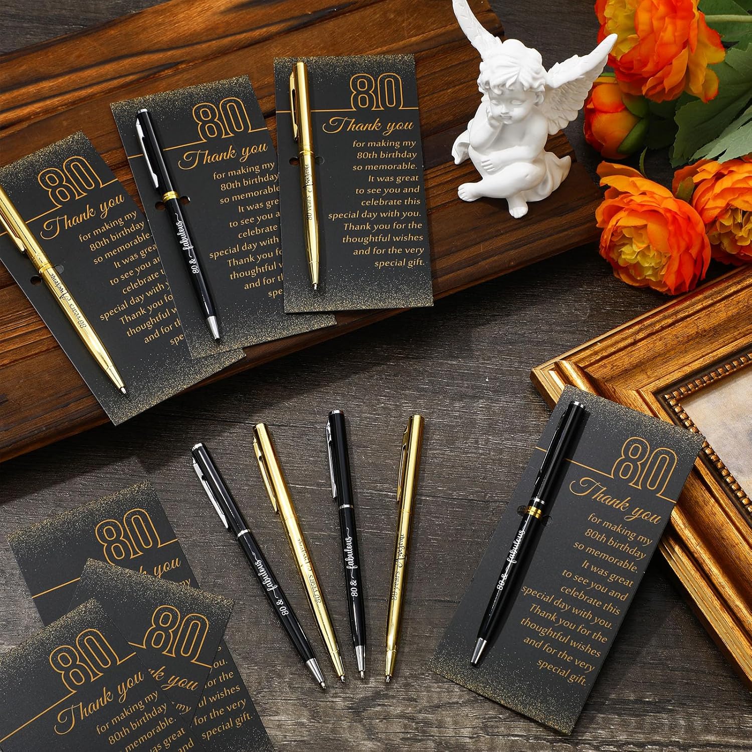 Feifeiy 25 Sets 80th Birthday Party Favors for Guests with Golden Birthday Ballpoint Pens and Thank You Cards for Men Women Anniversary Wedding New Year Gifts - Image 4