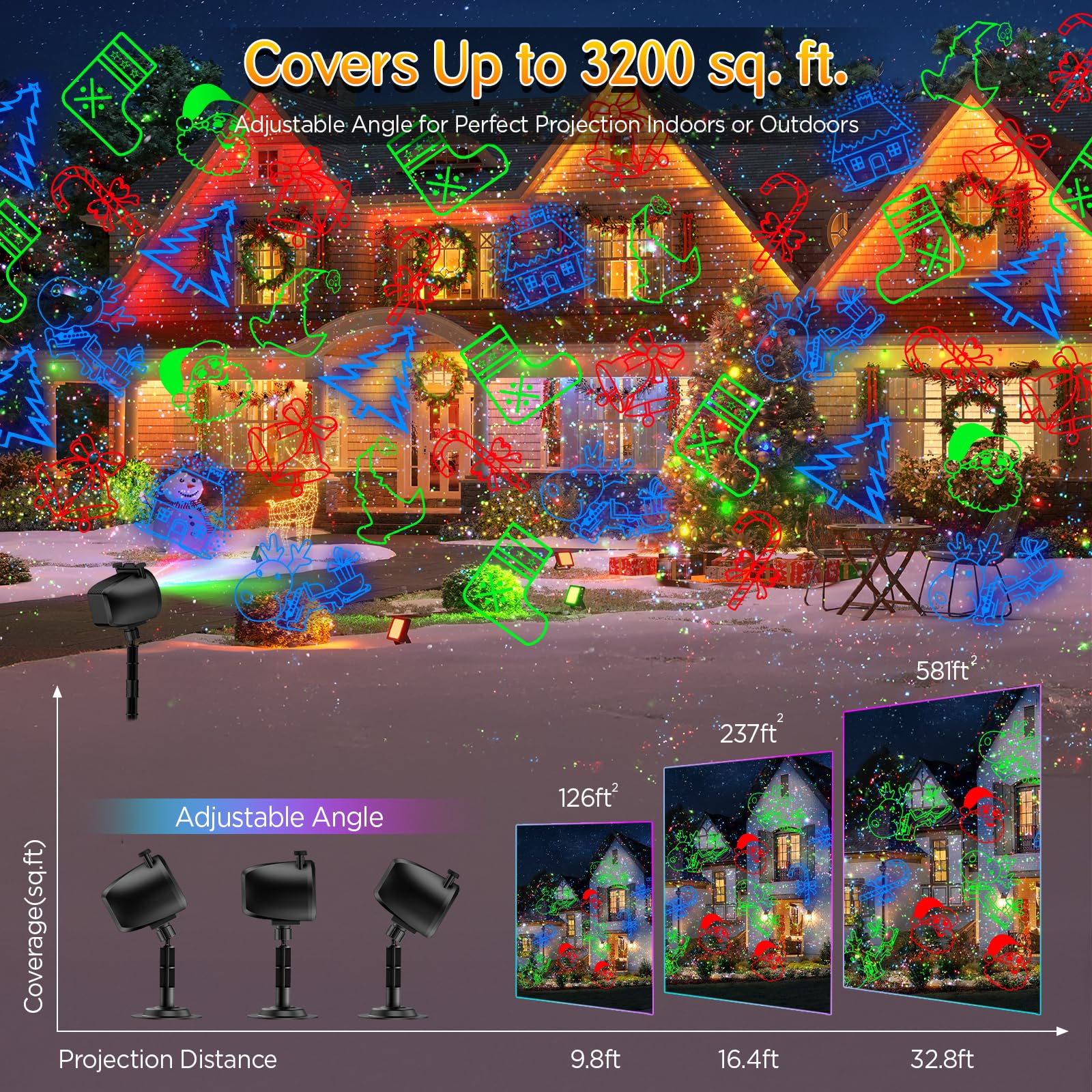 Weihnachtsbeleuchtung Projektor Aussen, 2 in 1 Urlaub Licht Projektor mit 4 Folien & 8 helleren HD Mustern, Bewegliche RGB Glühwürmchen Effekte Licht für Weihnachtsdekorationen, Halloween, Hof