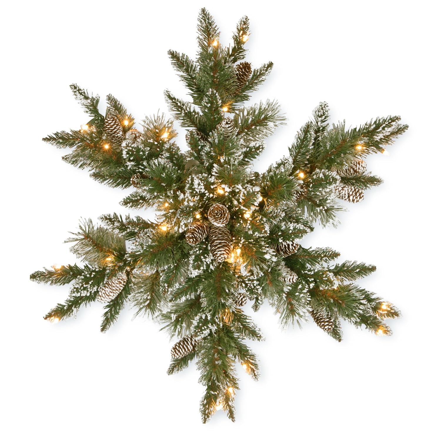 National Tree Company Pre-Lit Artificial Christmas Star Wreath, Green, Glittery Bristle Pine, White Lights, Decorated with Pine Cones, Frosted Branches, Christmas Collection, 32...