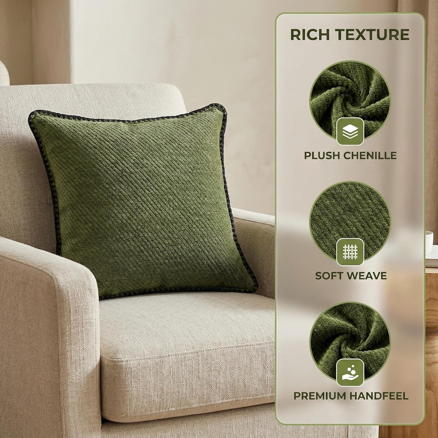 Olive Green Chenille Pillow Covers 18x18 Inches, 2-Pack Decorative Throw Pillow Covers with Textured Weave and Cotton Trim, Perfect for Sofa, Living Room, and Bedroom Home (Green, 18‘’×18")
