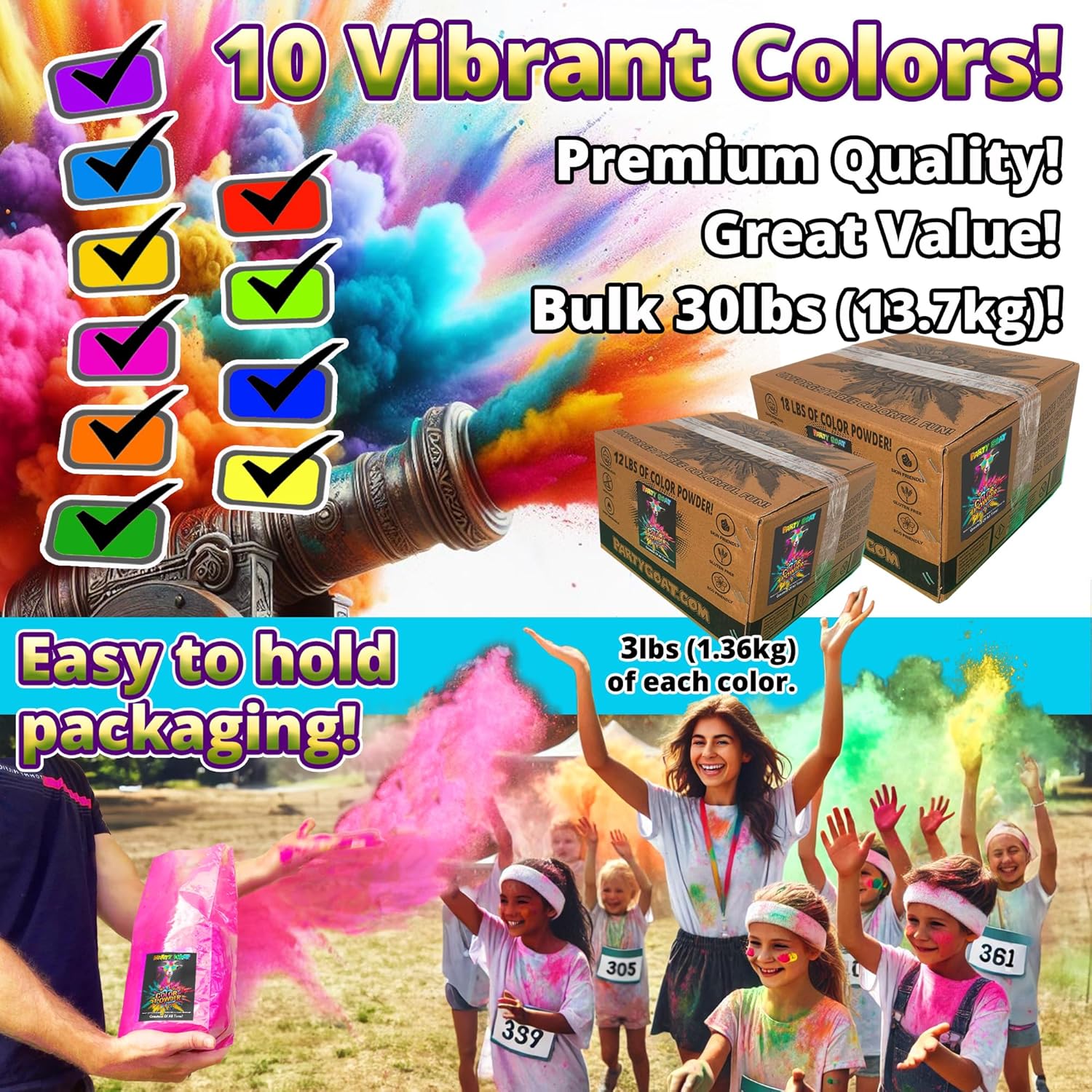 Color Run & Color War Party Bundle. 30lbs Color Powder + 80 Gallons Instant Slime. Vibrant Holi Powder & Slime Powder for Color Festivals, Fun Runs, School Events & Parties