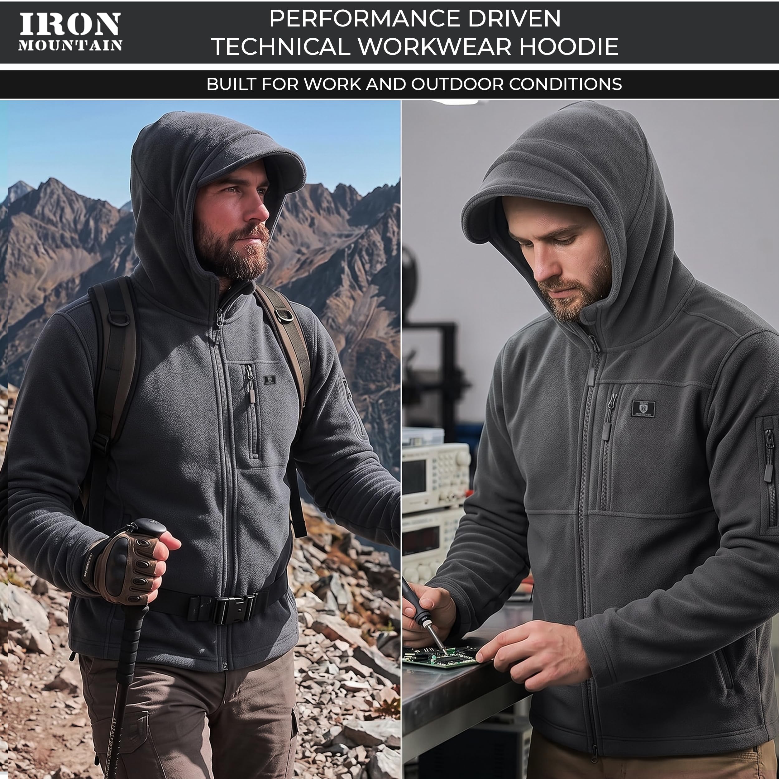 Iron Mountain Sudadera Hombre con Cremallera Fleece Técnico – Hoodie Térmico Cortaviento con Bolsillos Múltiples, Sudadera Workwear Exterior Invierno