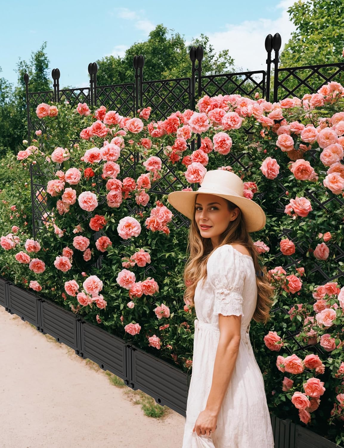 7 PCS Plastic Planter Box with Trellis - 5.25 FT Tall Raised Garden Bed, Lockable Wheels & Drainage for Patio, Balcony Tomatoes, Flowers, Herbs Weather-Resistant Resin Outdoor Decor