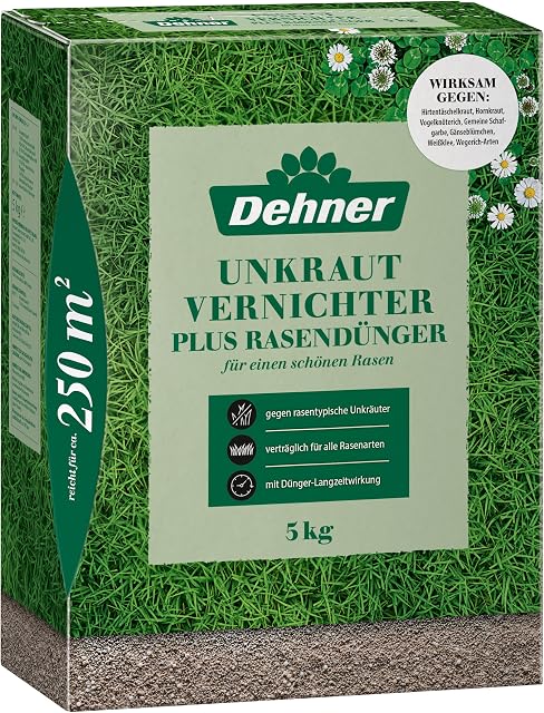 Dehner Dehner Unkrautvernichter plus Rasendünger, NPK-Mischdünger mit Unkrautvernichtung, chlorarm, mit Kalium, Langzeitwirkung, 2 in 1, für ca. 250 m² — Saat & Dünger