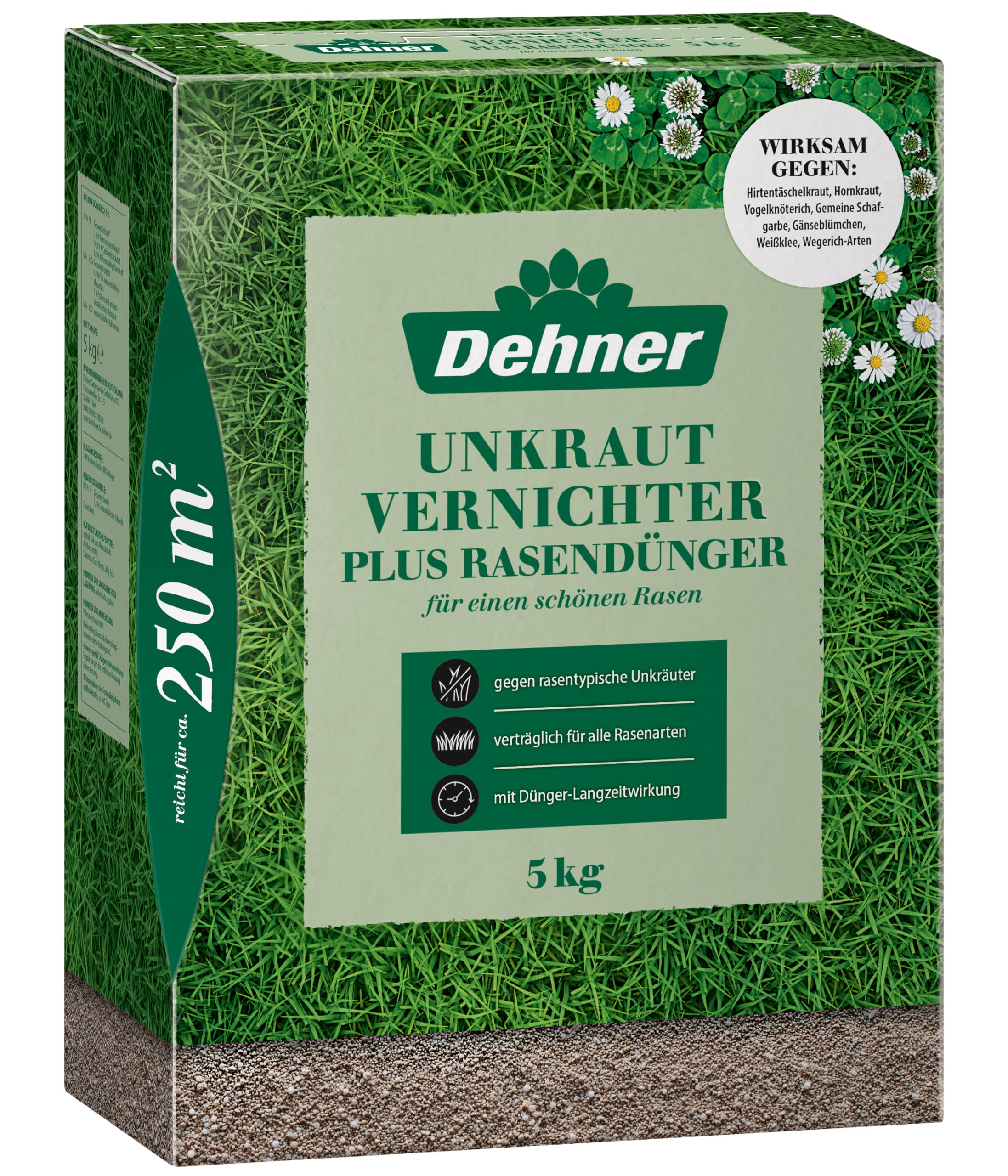 Dehner Unkrautvernichter plus Rasendünger | NPK-Dünger, Mischdünger, Unkrautvernichtung | Chlorarm | Kalium | sicher gegen Unkraut | Langzeitwirkung | 2 in 1 | Markenqualität | für ca. 250 qm