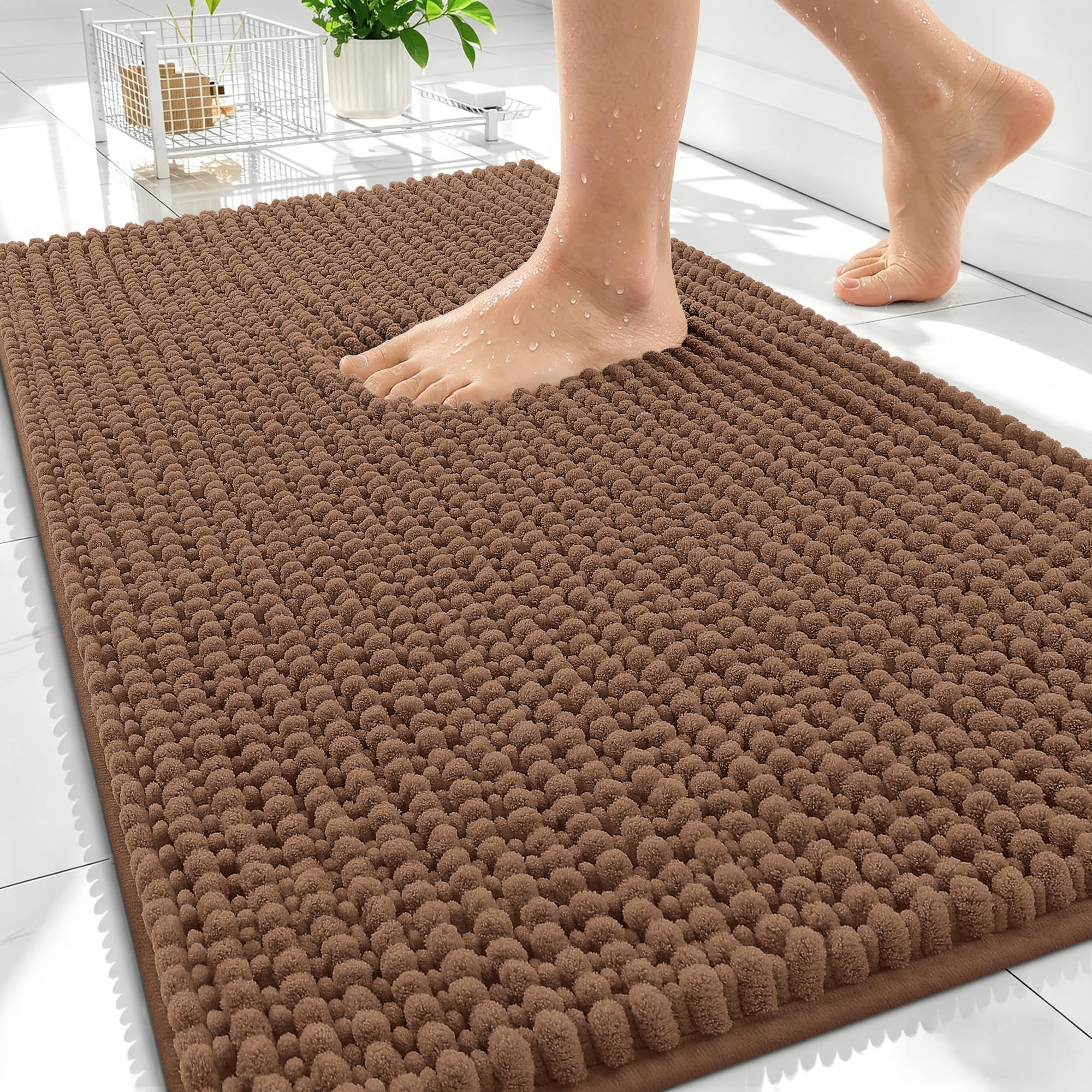 OLANLY Thick Chenille Bathroom Rugs 30x20, Soft Absorbent Bath Mat, Mocha