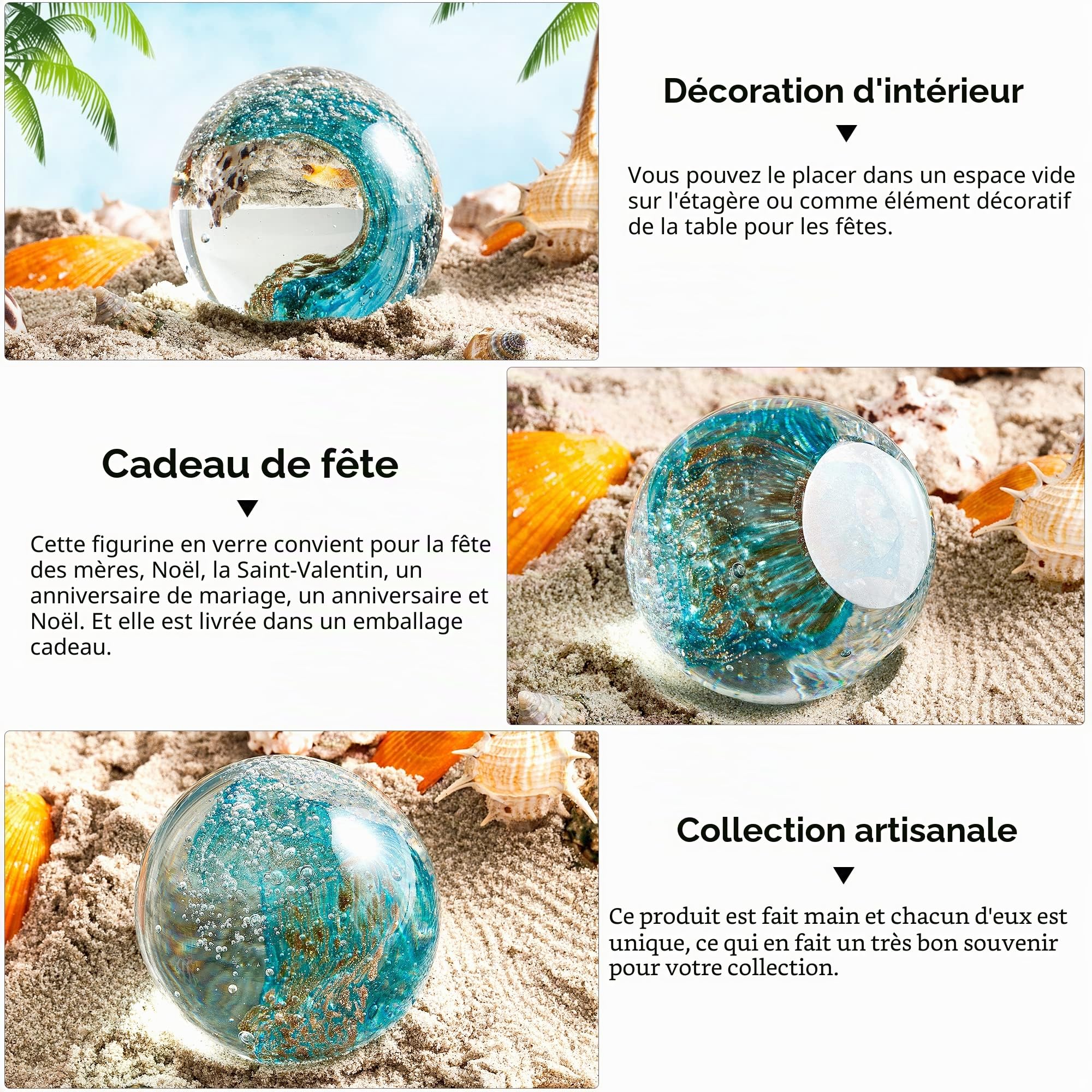Figurines en verre soufflé à la main, motif vagues de l'océan, presse-papier de bureau pour bureau, décoration d'intérieur, décoration d'aquarium, décoration de bureau pour les amateurs de l'océan