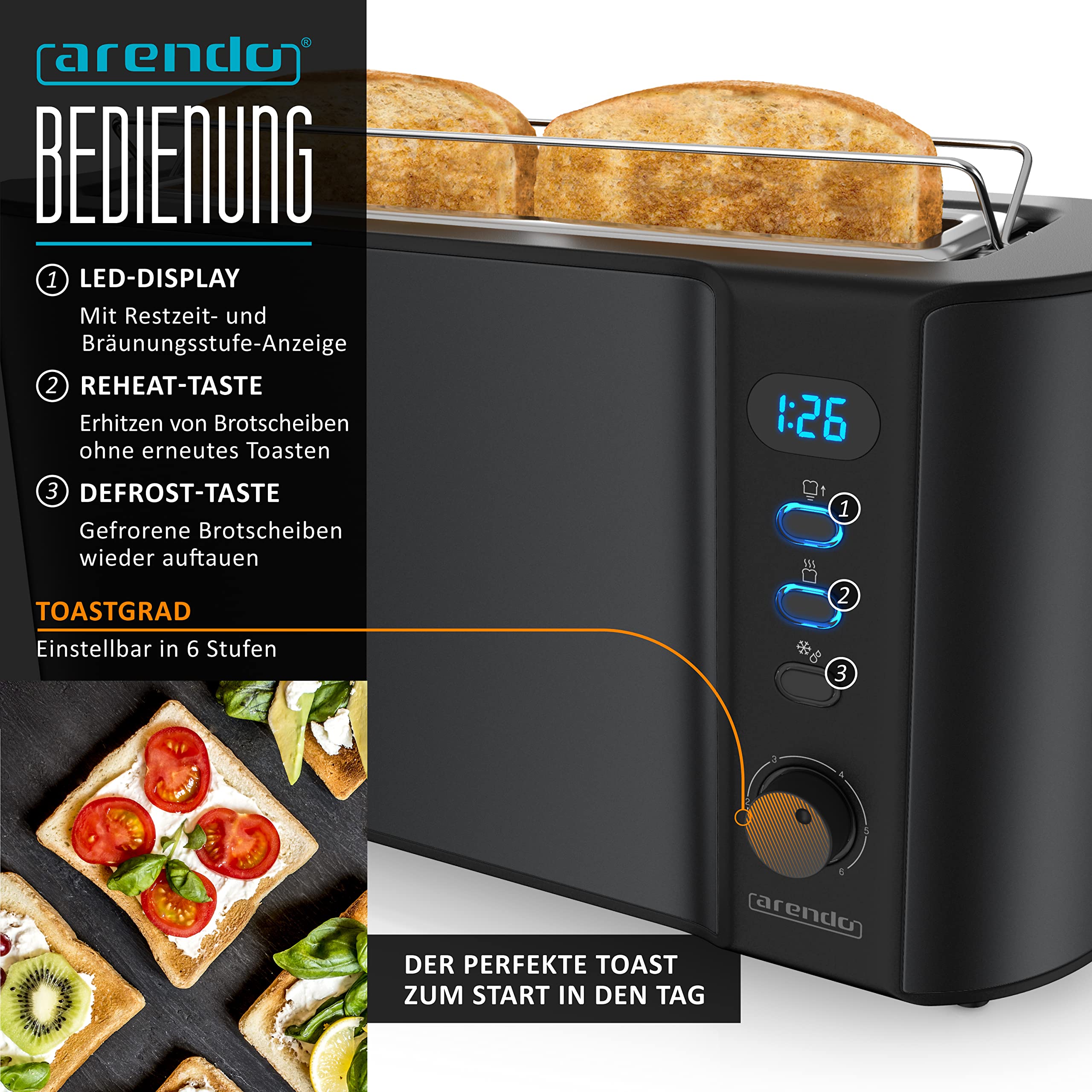 Arendo Wasserkocher Toaster SET Edelstahl Schwarz 1,5L 40-100°C Warmhaltefunktion 2 Scheiben LED-Display 6 Bräunungsgrade Brötchaufsatz