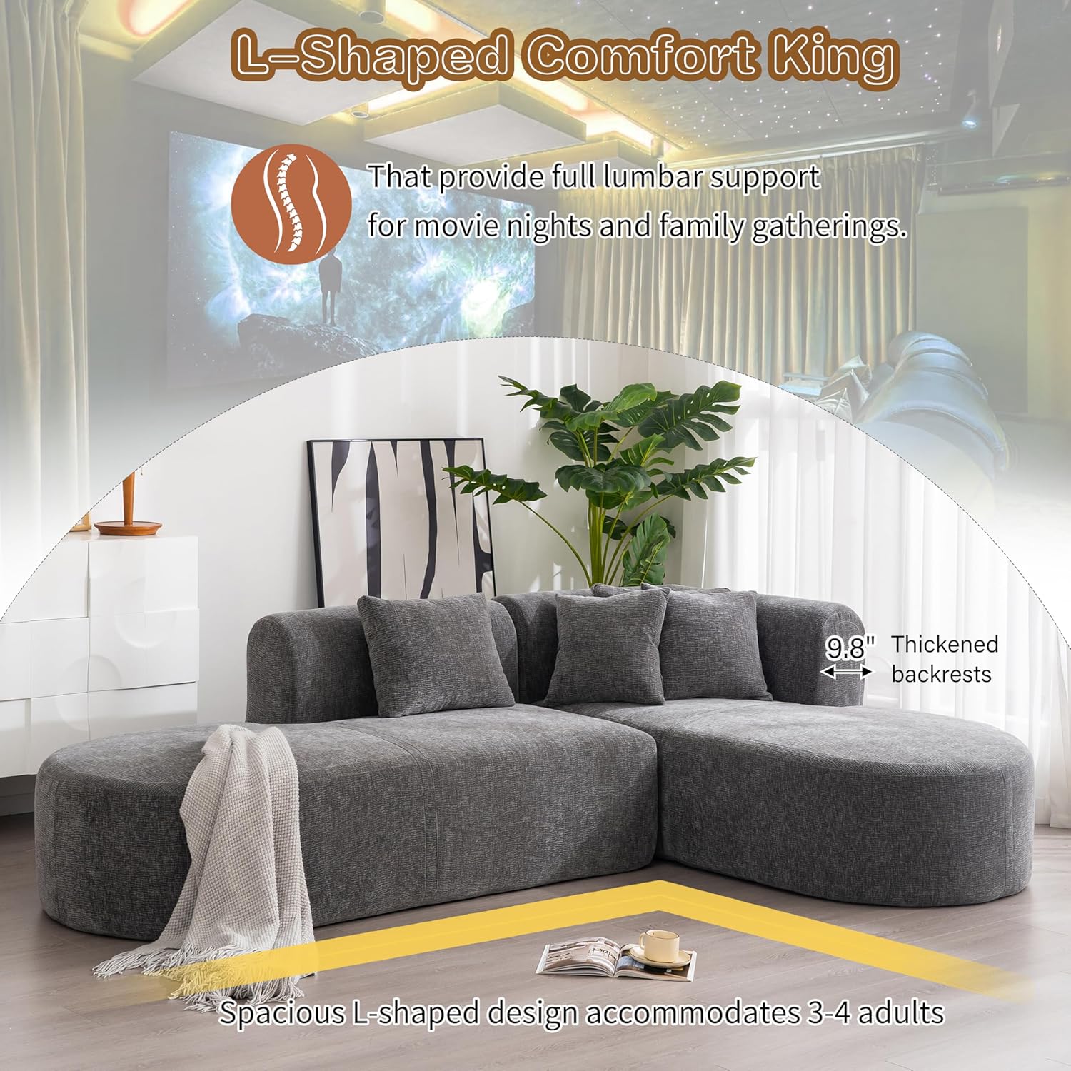 107.50" Curved Sofa for Living Room,Curved Sectional Couch 4 Seat with 4 Cushions,Modern L-Shape Couch Corner Versatile Design Perfect for Bedroom, and Office,No Assembly Needed-Grey