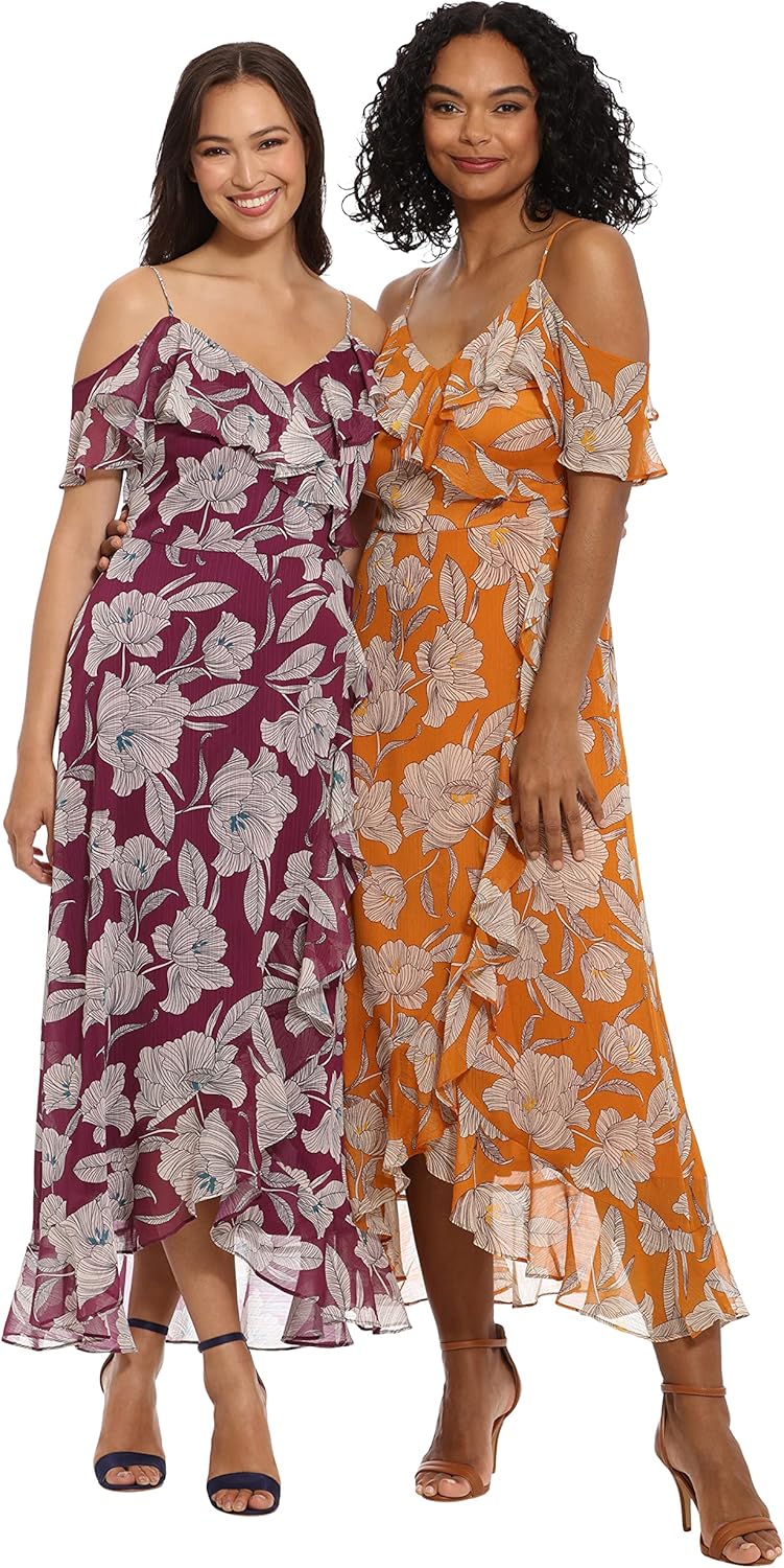 London Times Women's Women's Dresses Ruffle Cold Shoulder Hi-Low Dress