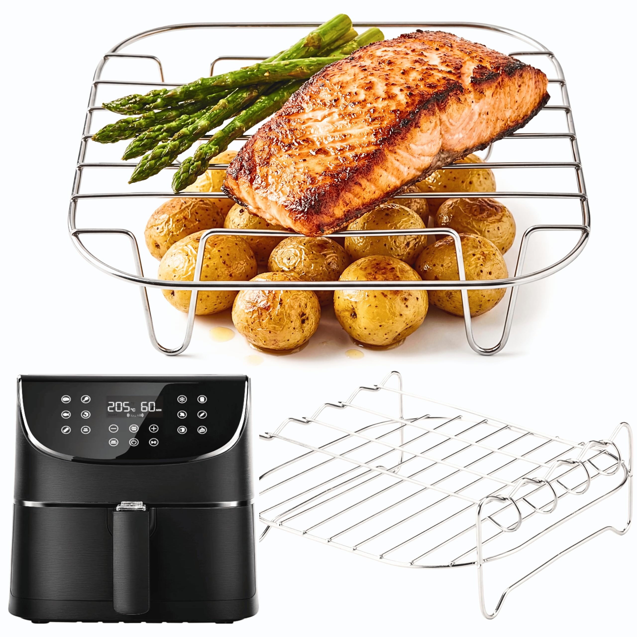 COSORI 5.5L Air Fryer Racks | 2× Stainless Steel Cooking Racks (Flat + Skewer) | 2-Tier Cooking Set | 304 Steel | COSORI 5.5L Accessories | by iStock Kitchen