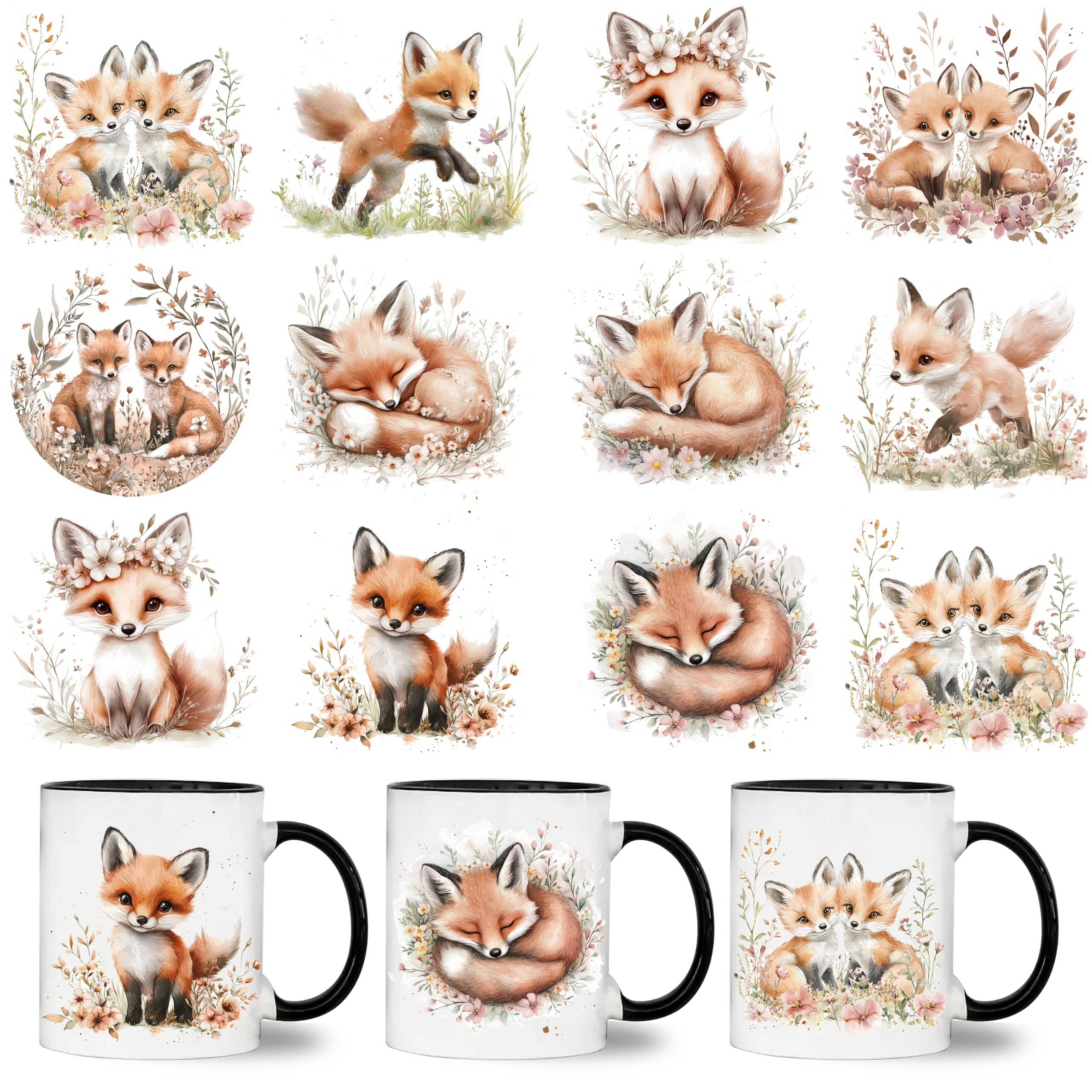 UV DTF Cup Wrap - 12 Sheets Watercolor Fox Cup Stickers - Removable - DIY UV DTF Tumbler Wraps for Mug Cups, Trendy Aesthetic Designs for Teens Adults
