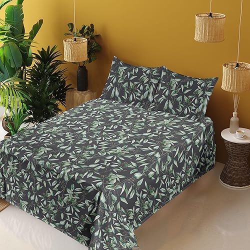 Miniatura 3 de Ambesonne Leaf Print Sheet Set, Romantic Eucalyptus Branches Watercolor Detailed Painting Ornament, Fitted and Flat Sheet with Pillowcases Bedding