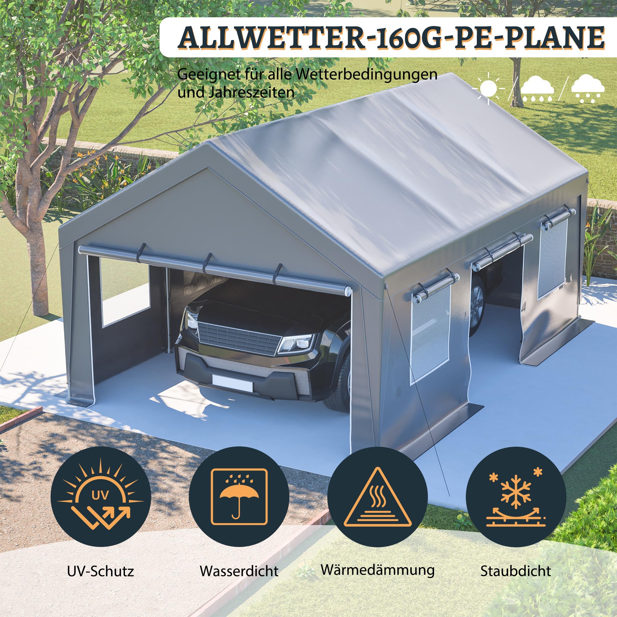 Allwetter Zeltgarage 6x4x3 m, Autozelt mit Rolltoren, Moskitonetzen, UV-Schutz, wasserdicht, feuerverzinkter Stahlrahmen, Grau