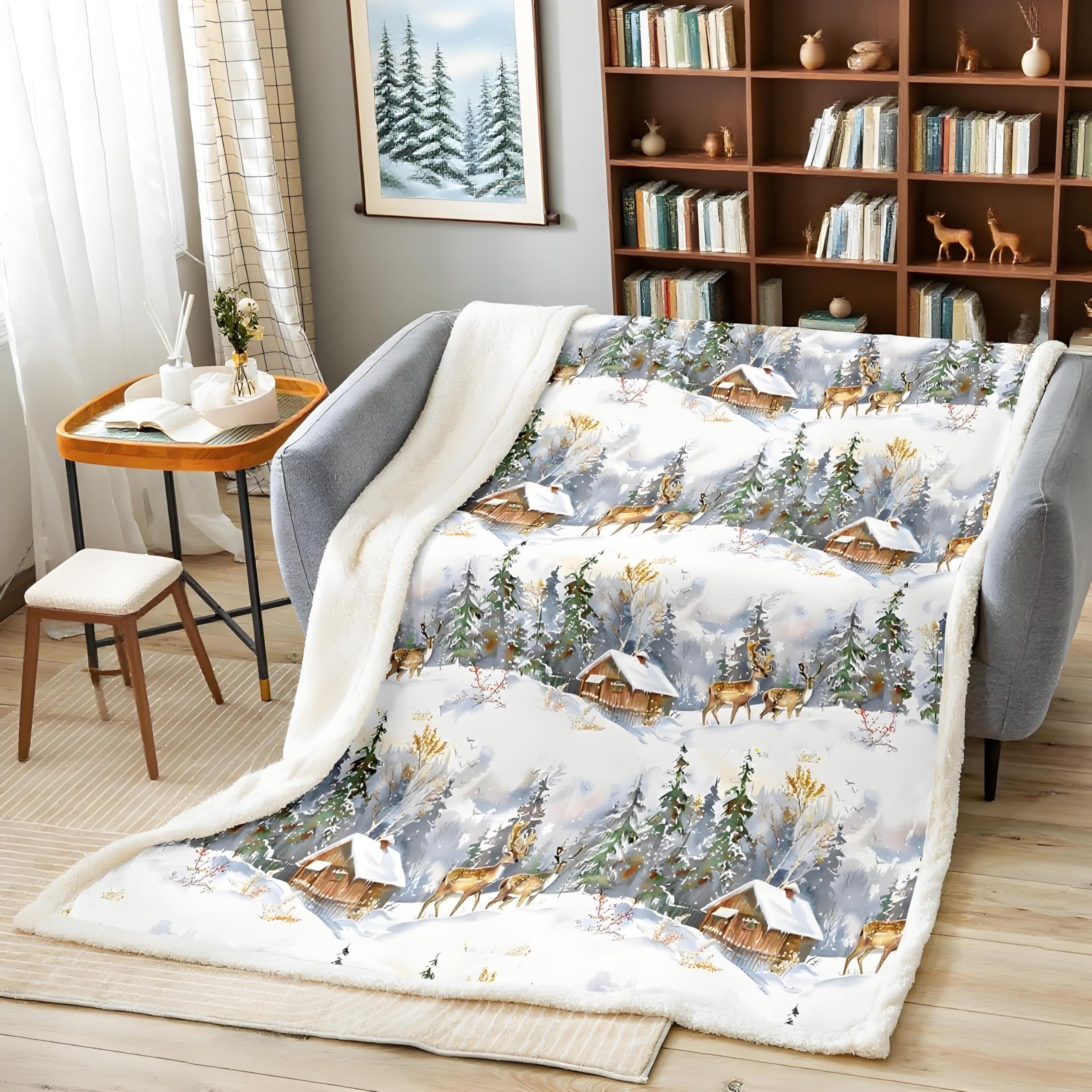 Loussiesd Elk Printed Sherpa Blanket, 50"x60" Animal Pattern Fleece Throw Blanket for Sofa, Couch, Christmas Theme, Plush, Stain Resistant, Winter, Multi 2, Single
