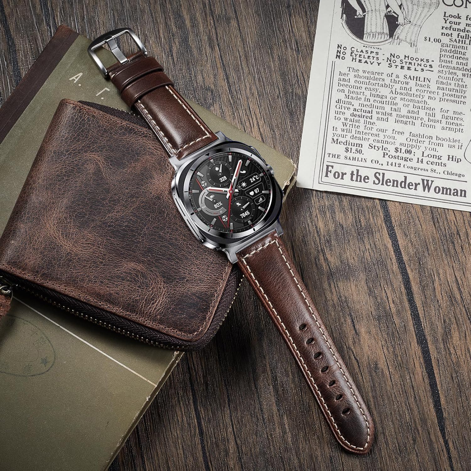 Leather Band Compatible with Samsung Galaxy Watch Ultra 47mm (2025/2024), Vintage Genuine Leather Wristband Replacement Band