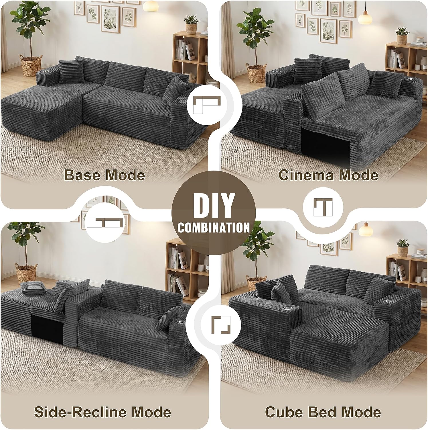 Shintenchi Boneless Couches for Living Room with 2 Cup Holders,L Shaped Modular Sectional Sofa Set,No Assembly Needed Plush Corduroy Living Room Set,Dark Gray