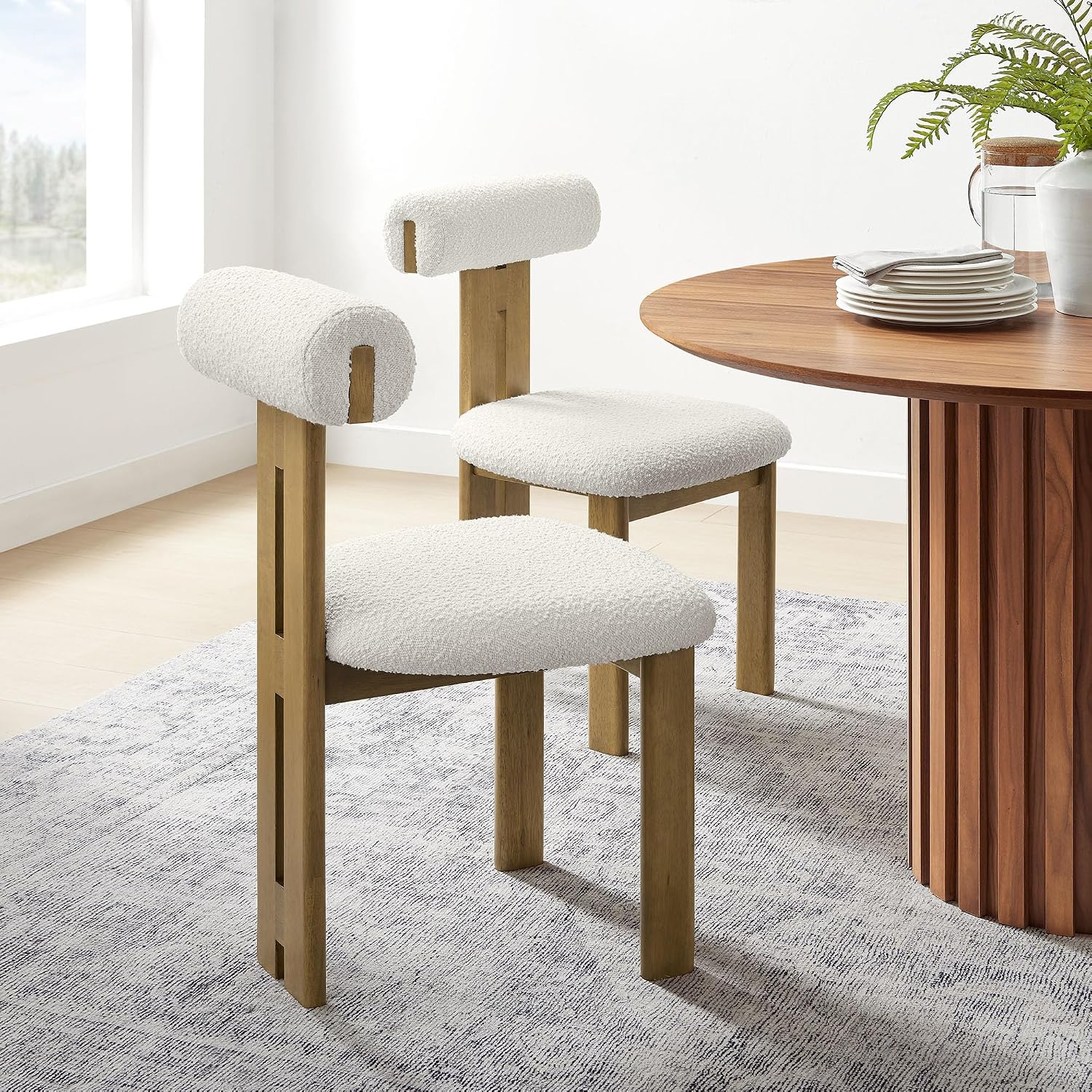 Modway Torian Upholstered Boucle Dining Chairs Set of 2 in French Oak Ivory - 3-Legged Farmhouse Kitchen Chairs - Mid-Century Modern Armless Accent Chairs - Comfortable Side Chairs with Wood Legs
