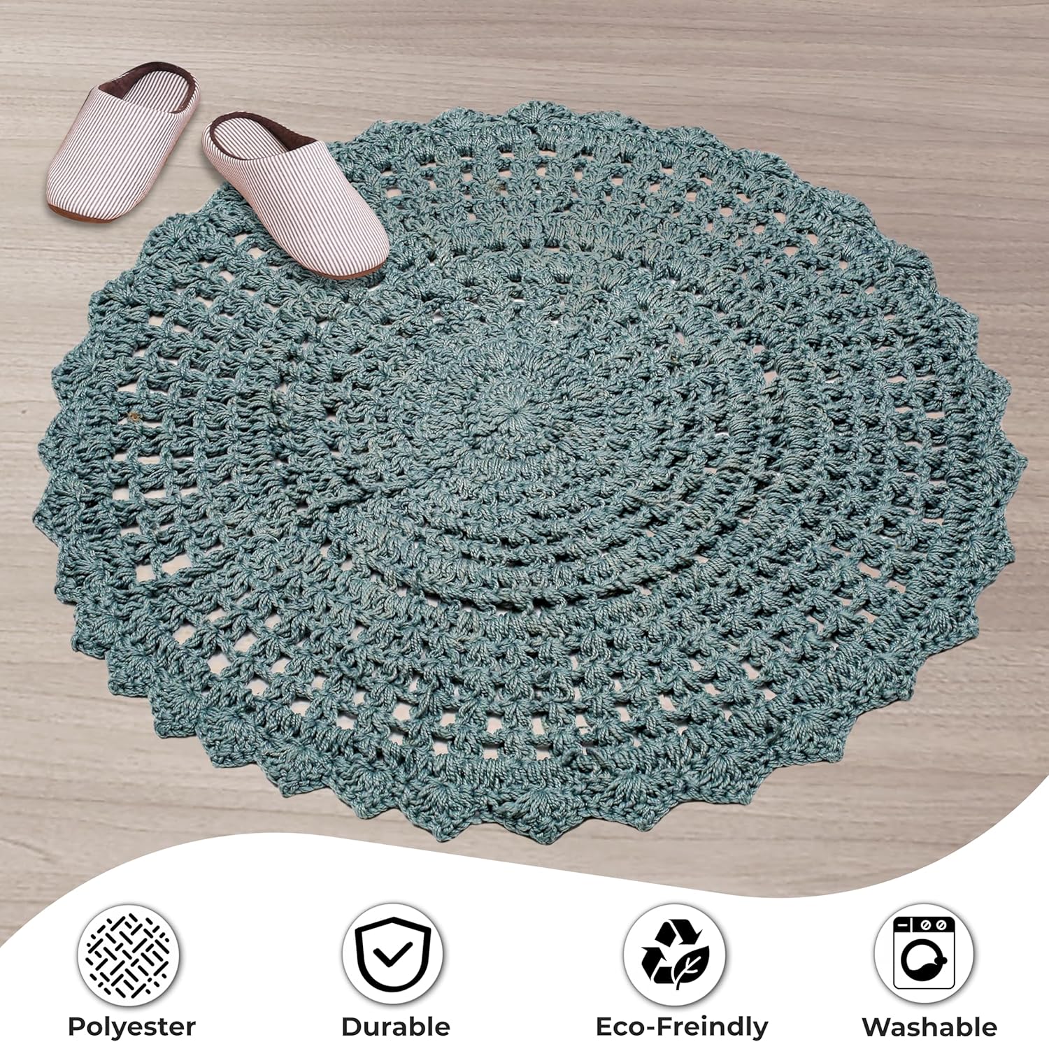 THE BEER VALLEY Hand Knitted Boho Rug 3' Round (Spa Blue) – Decorative Handmade Accent Rug, Anti-Slip Cotton Floor Carpet for Living Room, Bedroom, Kitchen – 3 Feet Round
