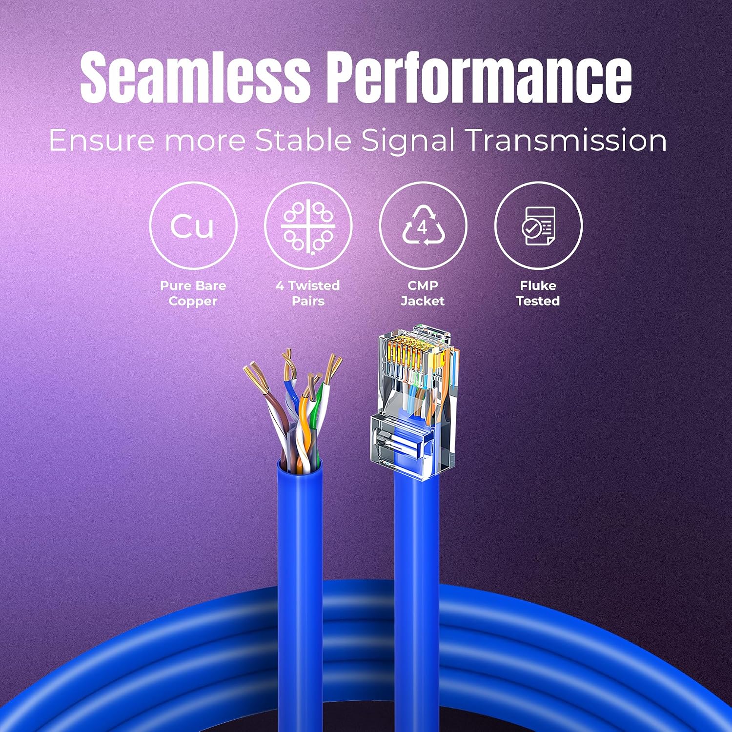 CAT6 Bare Copper Plenum Cable 1000ft (305m) 23 AWG Solid Pure Copper Wire, 550MHz, Unshielded (UTP),1G/10G-T Speed, Support PoE/PoE+/PoE++ (IEEE 802.3af/at/bt)(Blue)