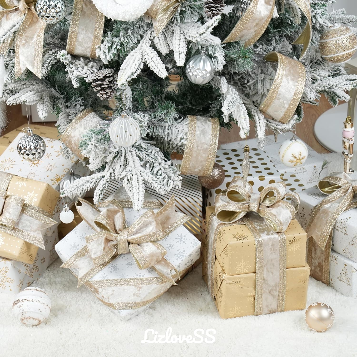Champagne Gold Velvet Wired Ribbon 2.5" X 10 Yards Champagne Velvet with Gold Glitter Border Stripe Christmas Ribbon for Tree, Wreath Supplies, Garlands Making