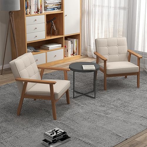 Miniatura 2 de KCC Mid-Century - Juego de 2 sillas decorativas de tela de lino, silla de ocio tapizada, cómoda silla auxiliar de lectura con reposabrazos y marco